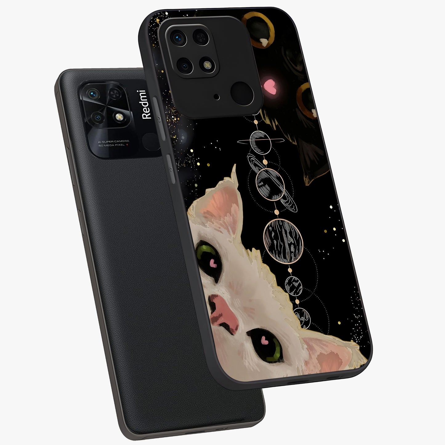 Galactic Cat Glass Case displayed in angled mockup highlighting celestial feline illustration with galaxy aesthetic style.