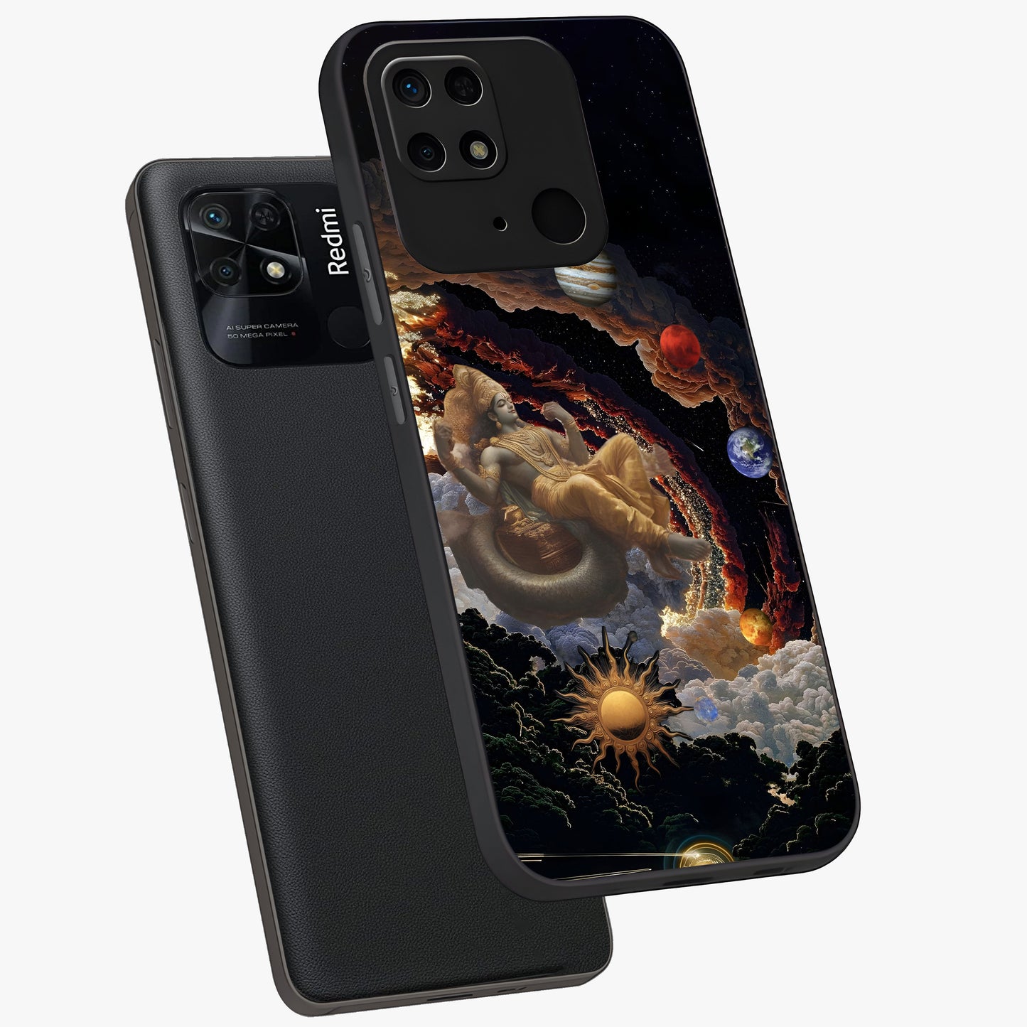 Galactic Divine God Glass Case displayed in angled mockup highlighting powerful celestial deity illustration with galactic aesthetic.