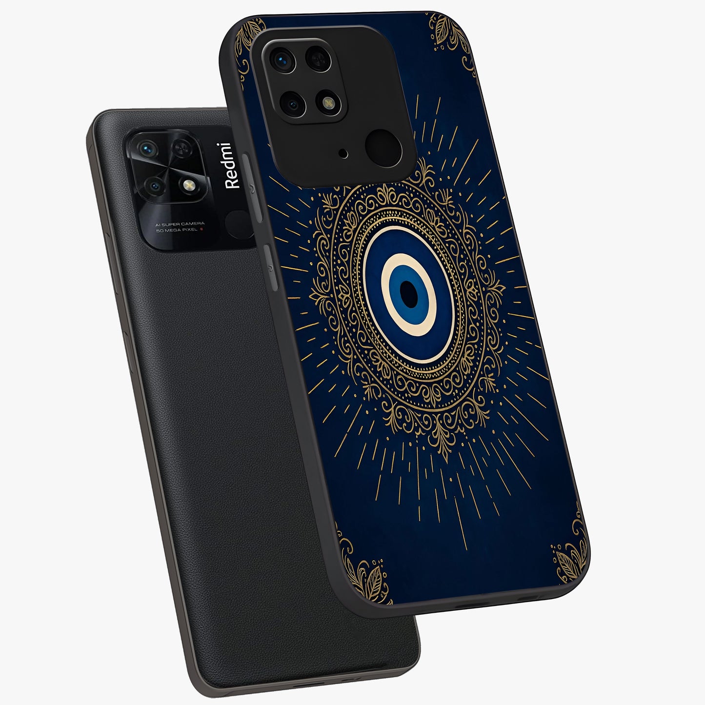 Golden Celestial Charm Glass Case displayed in angled mockup highlighting sparkling cosmic charm design with celestial aesthetic.