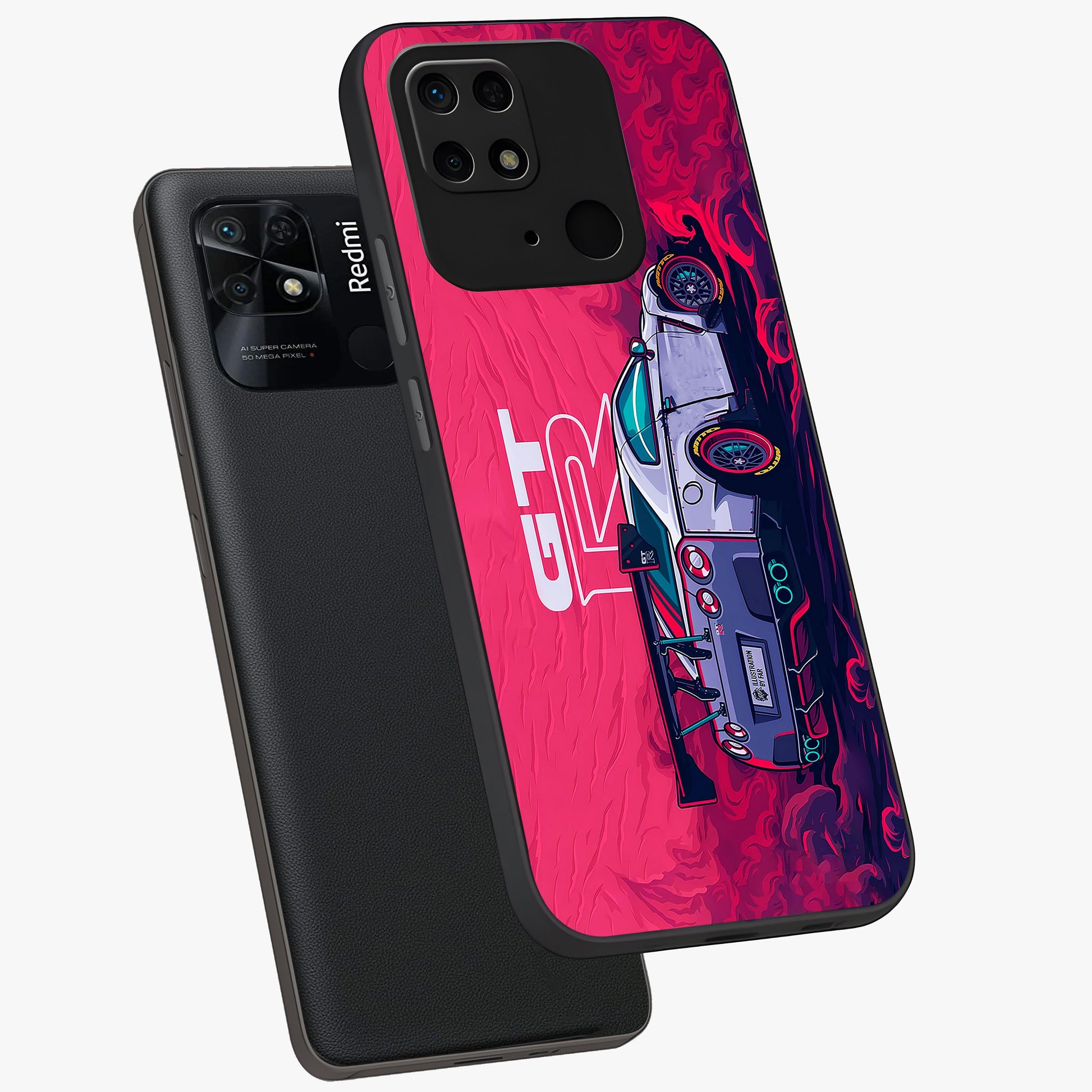 GT-R Car Pattern Glass Case displayed in angled mockup highlighting racing car graphic design with bold automotive aesthetic.