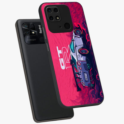 GT-R Car Pattern Glass Case displayed in angled mockup highlighting racing car graphic design with bold automotive aesthetic.