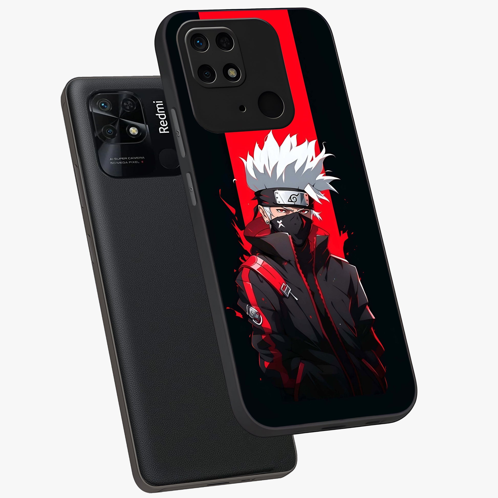 Kakashi Scarlet Shadow Glass Case displayed in angled mockup highlighting dramatic ninja illustration with scarlet themed aesthetic.