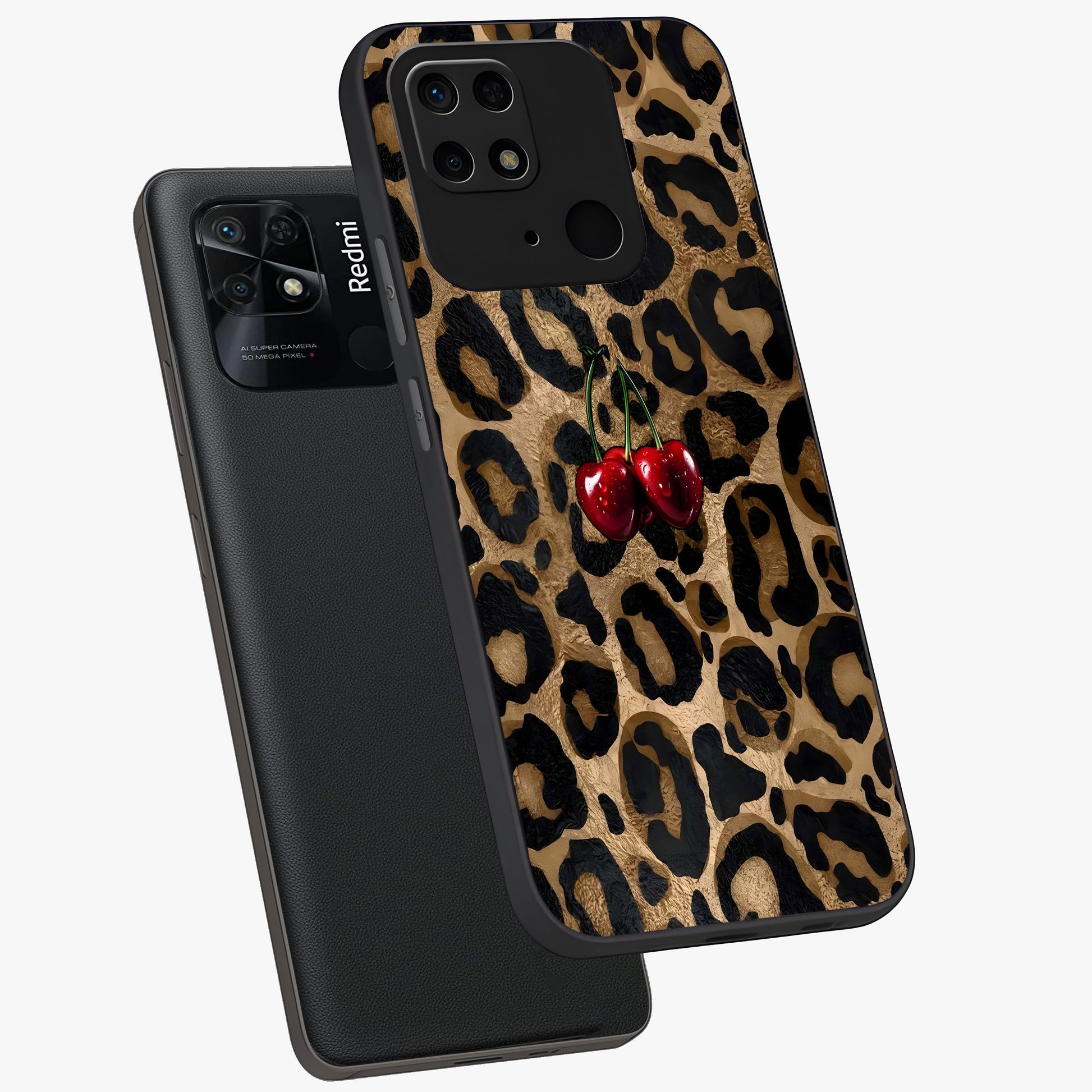 Leopard Wild Cherry Glass Case displayed in angled mockup highlighting bold animal print design with playful cherry aesthetic.