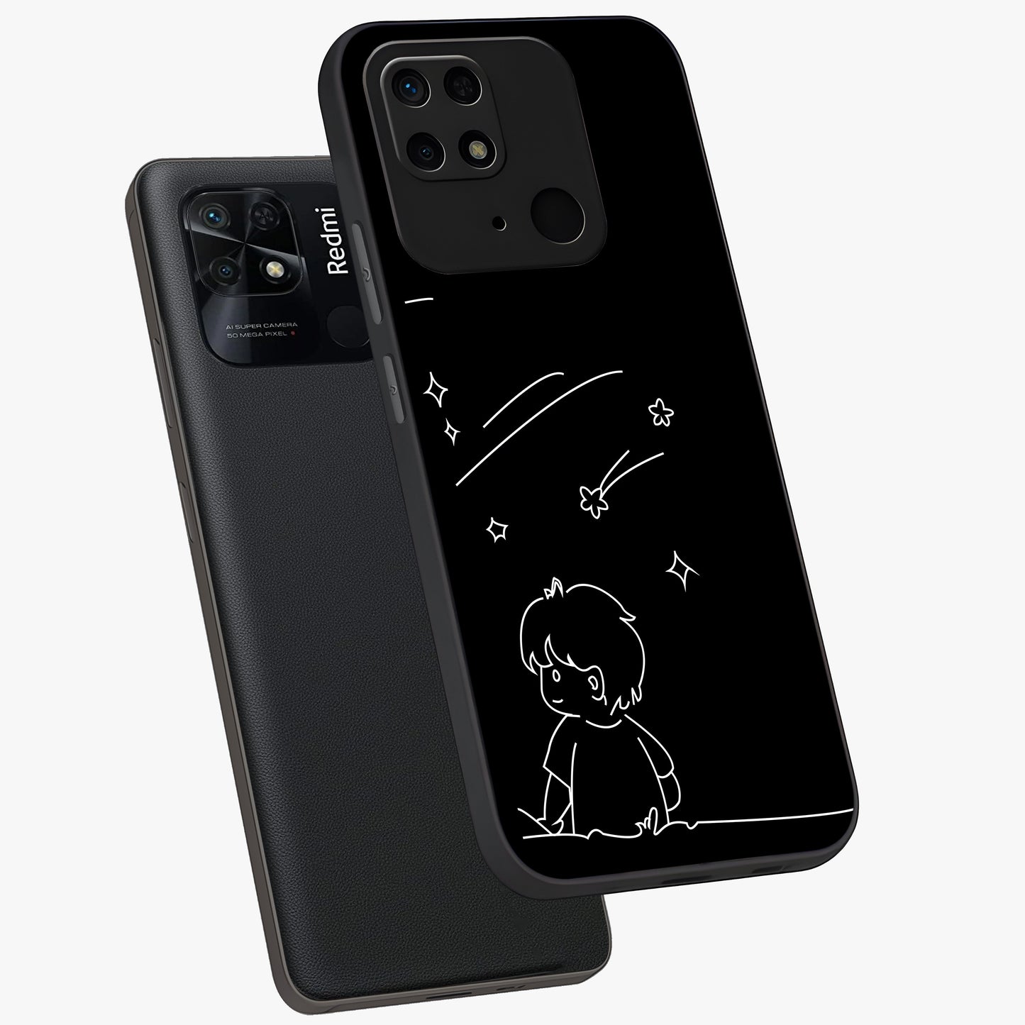 Line Art Boy With Shooting Stars Glass Case displayed in angled mockup highlighting elegant line art design with dreamy star aesthetic.