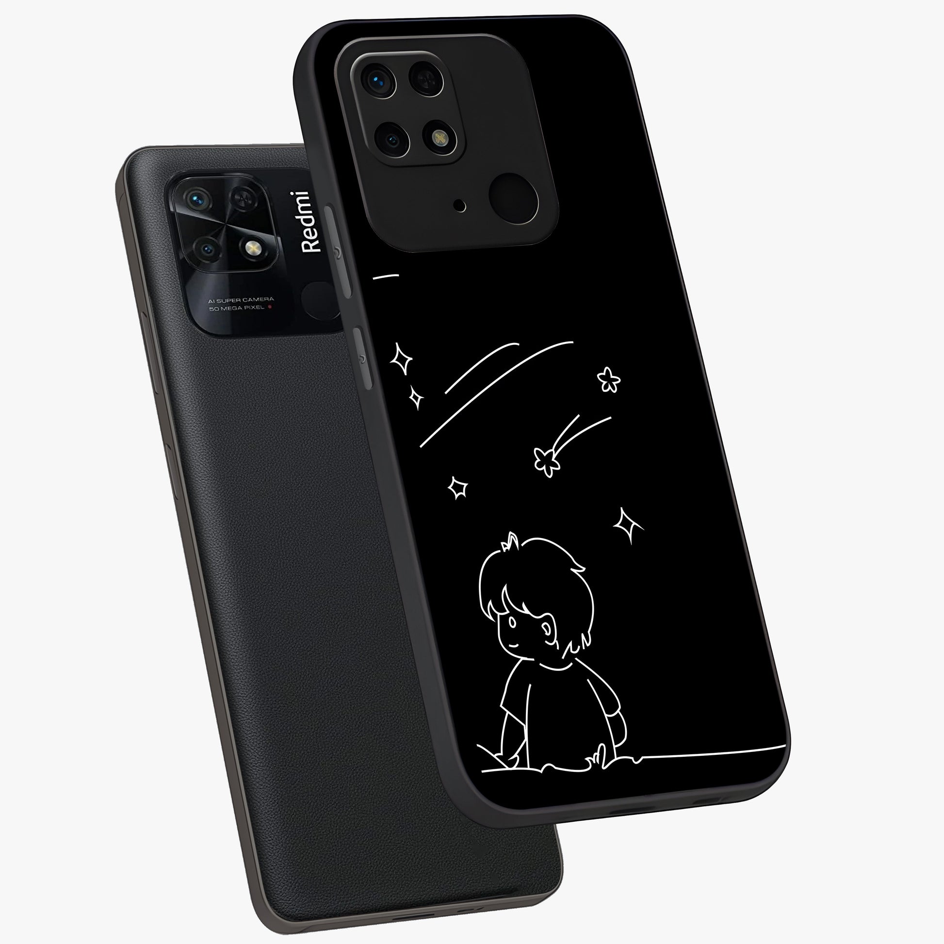 Line Art Boy With Shooting Stars Glass Case displayed in angled mockup highlighting elegant line art design with dreamy star aesthetic.