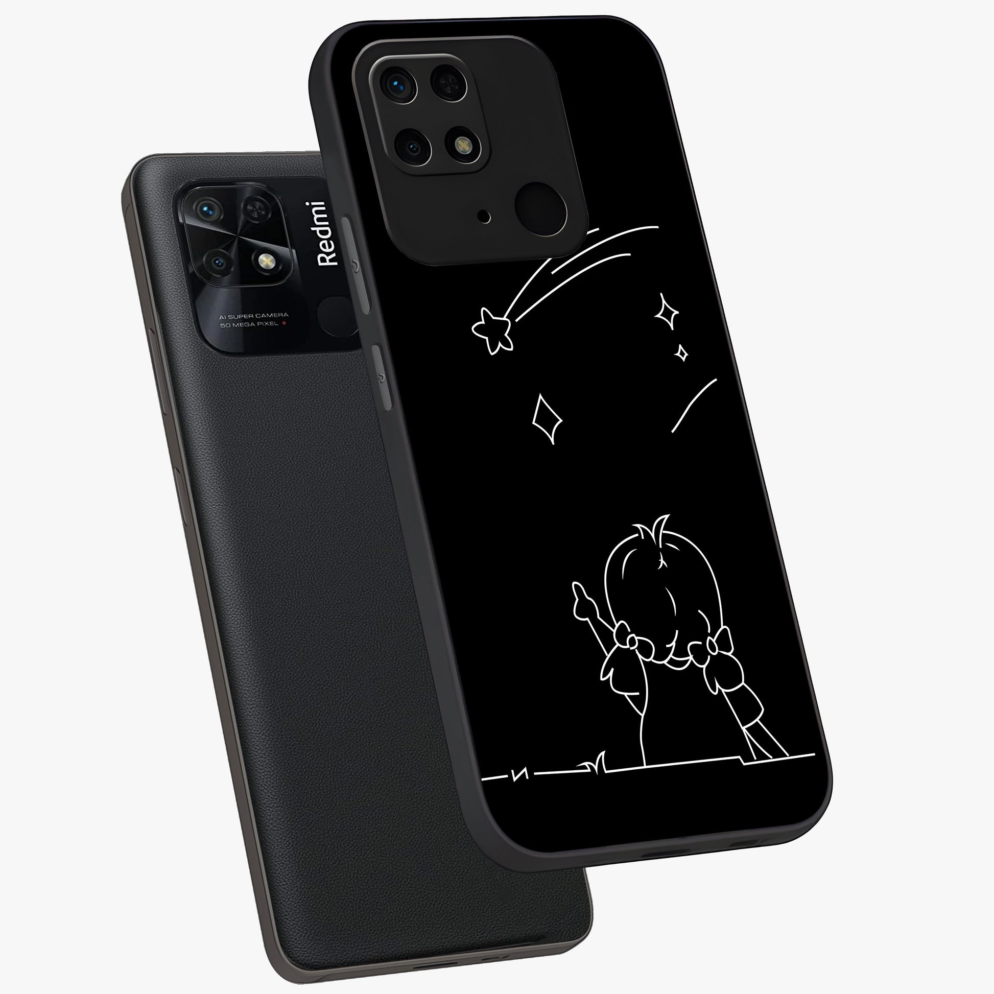 Line Art Girl With Shooting Stars Glass Case displayed in angled mockup highlighting elegant line art design with dreamy star aesthetic.