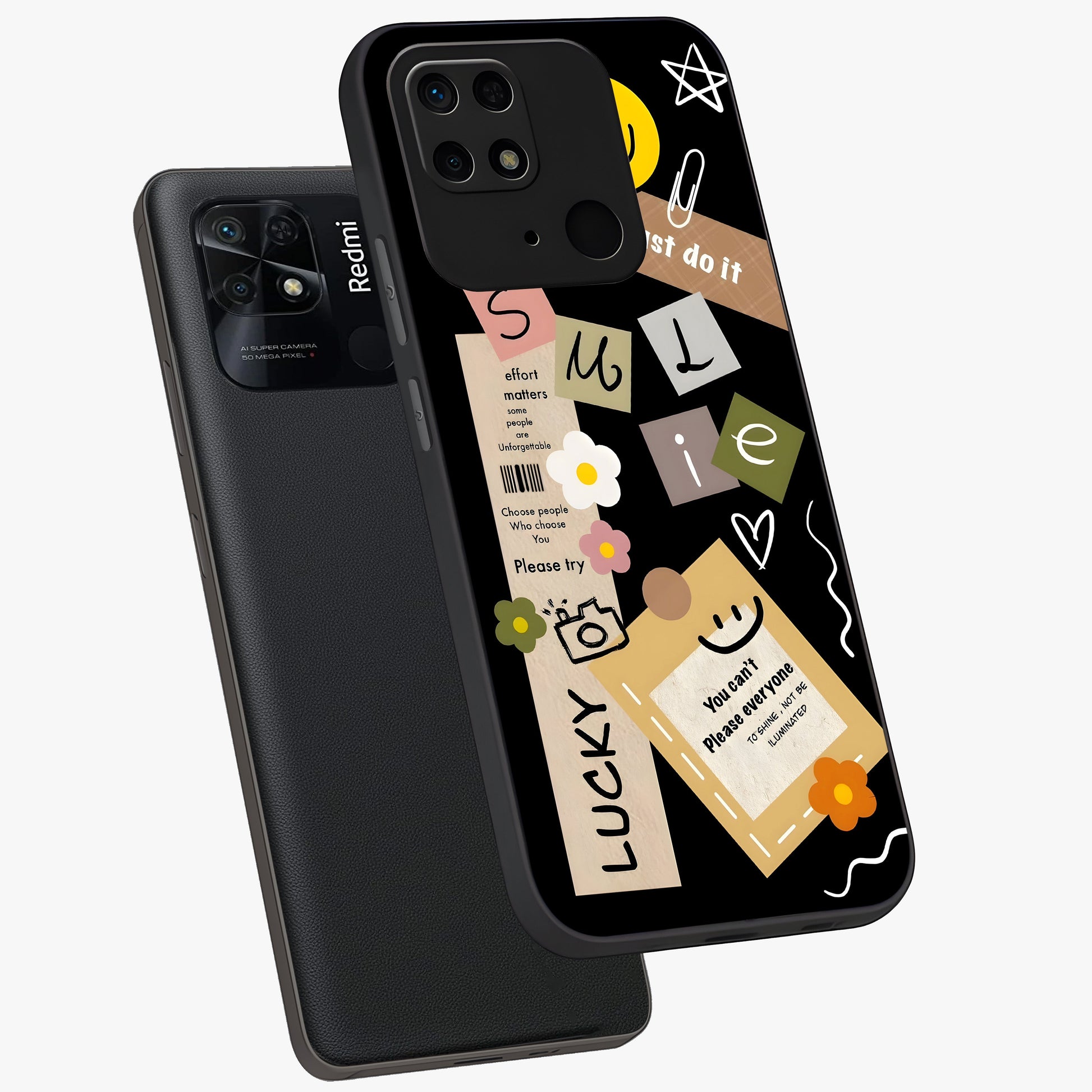 Lucky Aesthetic Collage Glass Case displayed in angled mockup highlighting stylish collage pattern with modern aesthetic vibe.