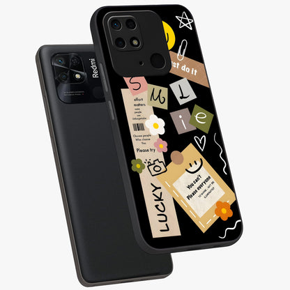 Lucky Aesthetic Collage Glass Case displayed in angled mockup highlighting stylish collage pattern with modern aesthetic vibe.