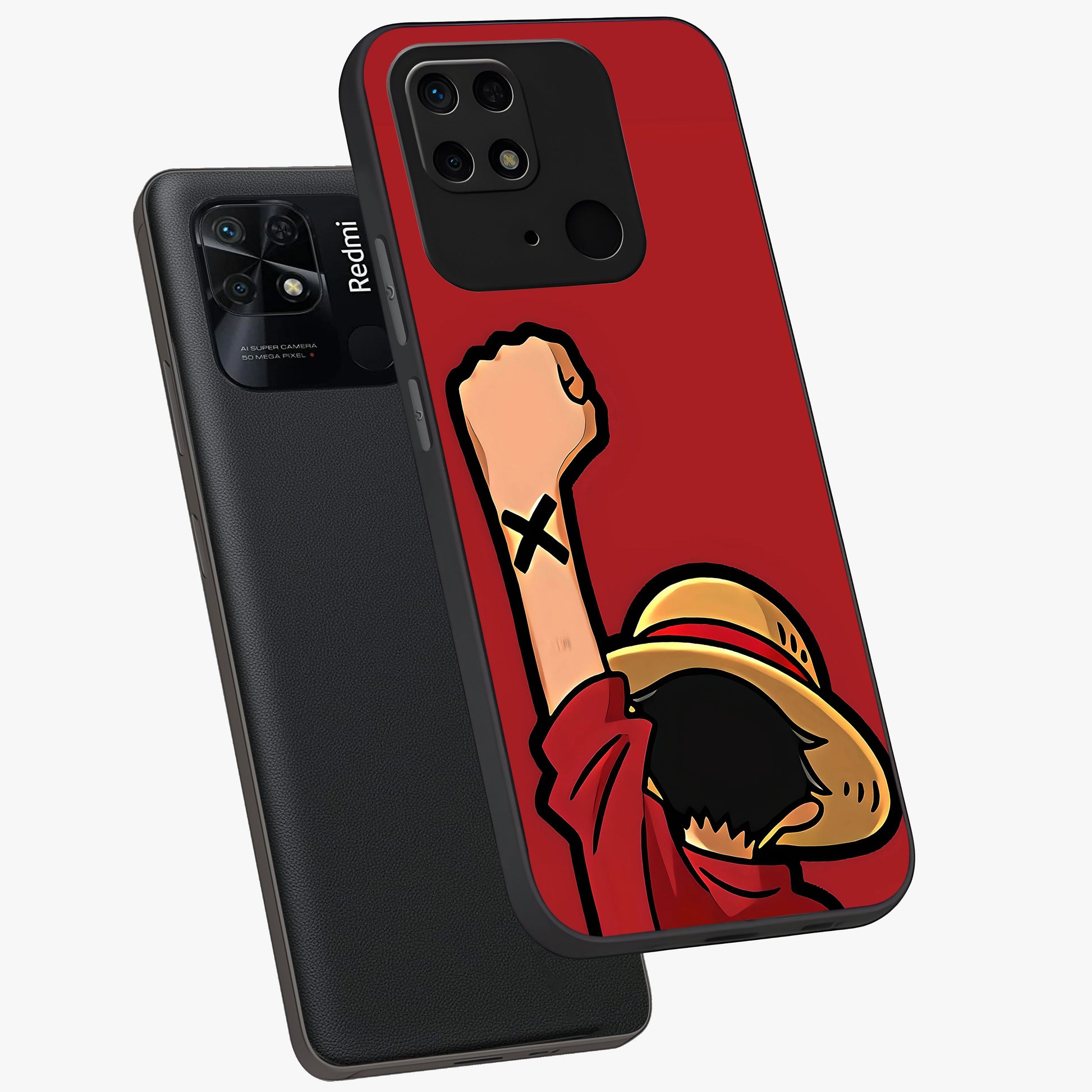 Luffy X Spirit Glass Case displayed in angled mockup highlighting powerful anime design with energetic action aesthetic.