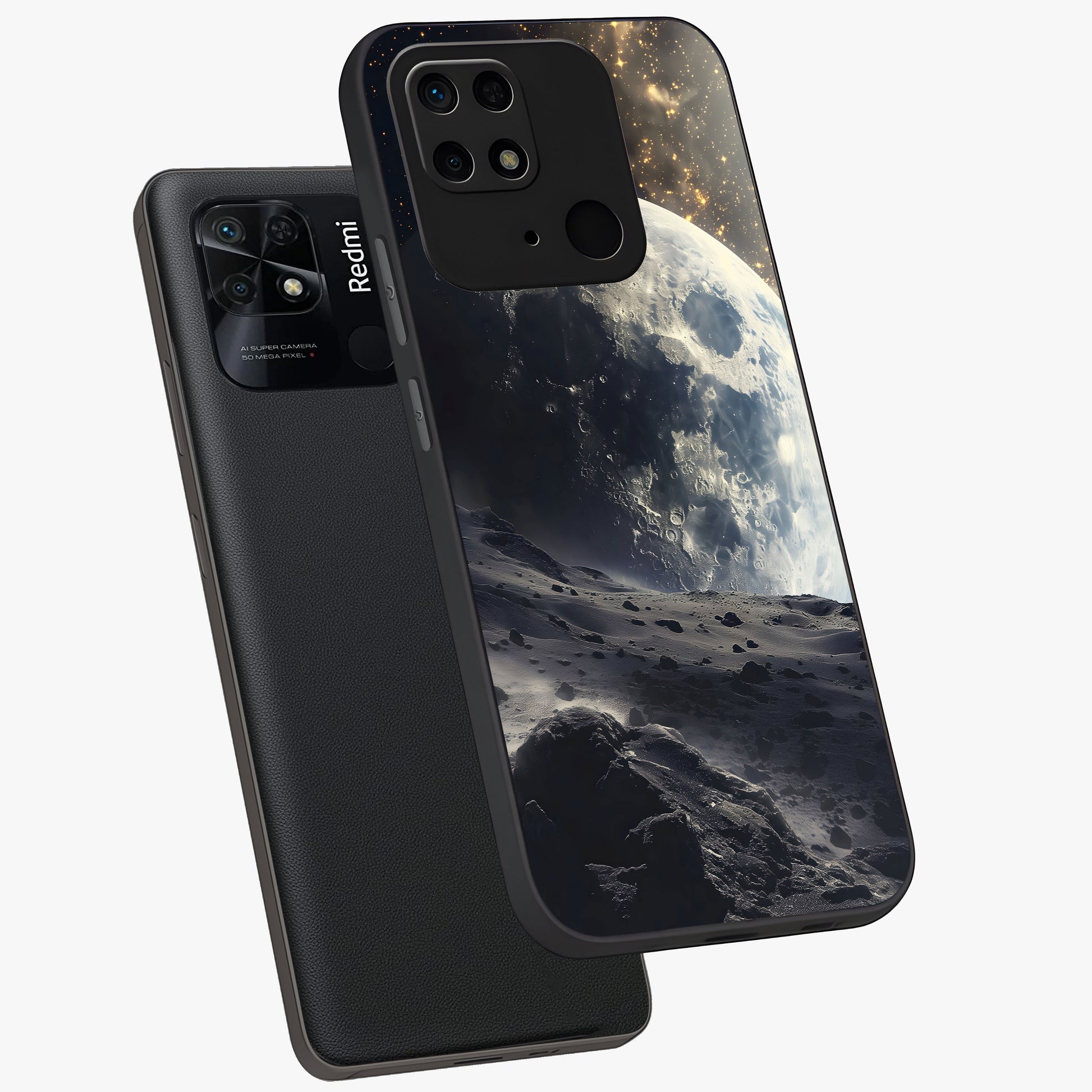 Lunar Horizon Glow Glass Case displayed in angled mockup highlighting celestial moon design with dreamy night aesthetic.