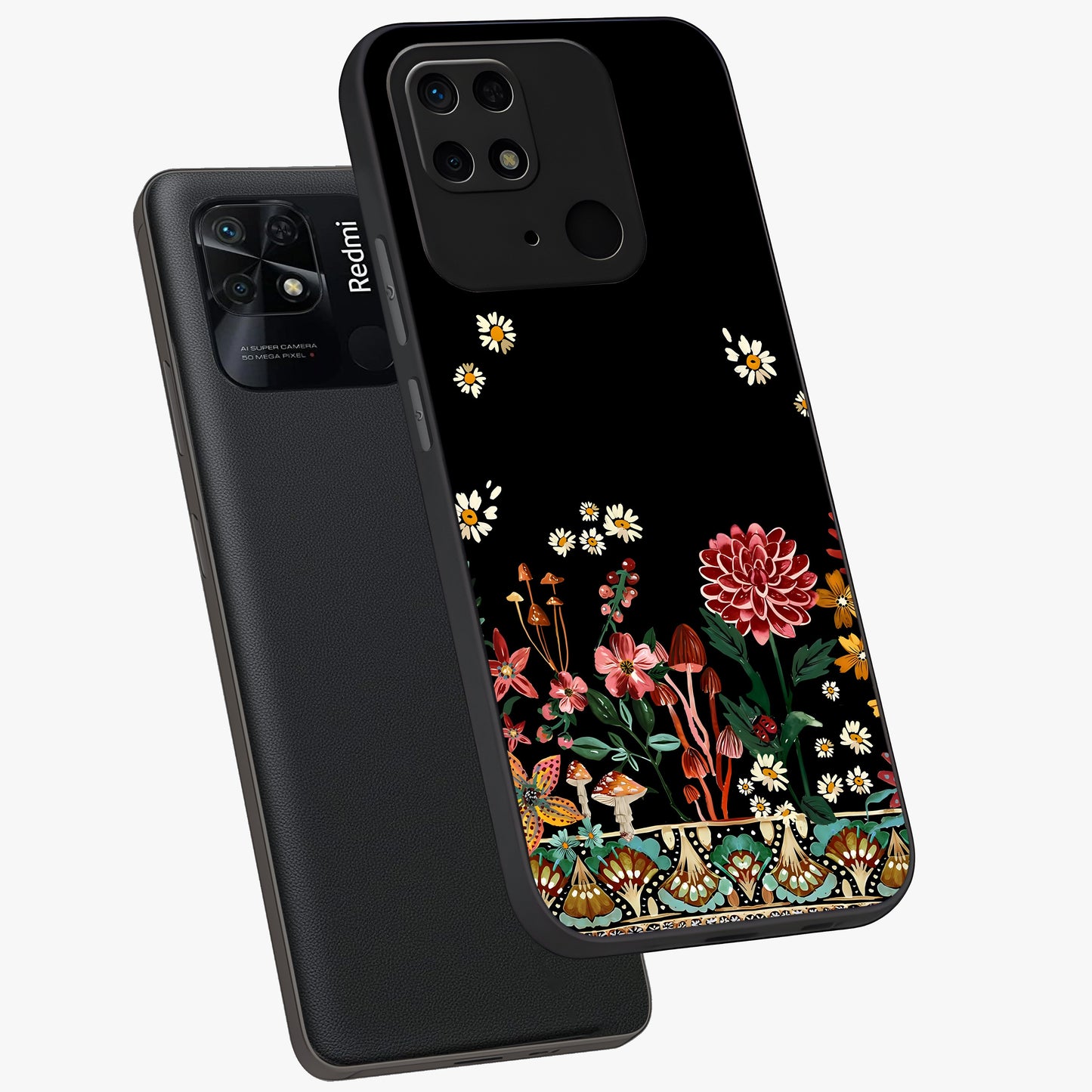 Midnight Bloom Pattern Glass Case displayed in angled mockup highlighting elegant flower design with midnight aesthetic style.