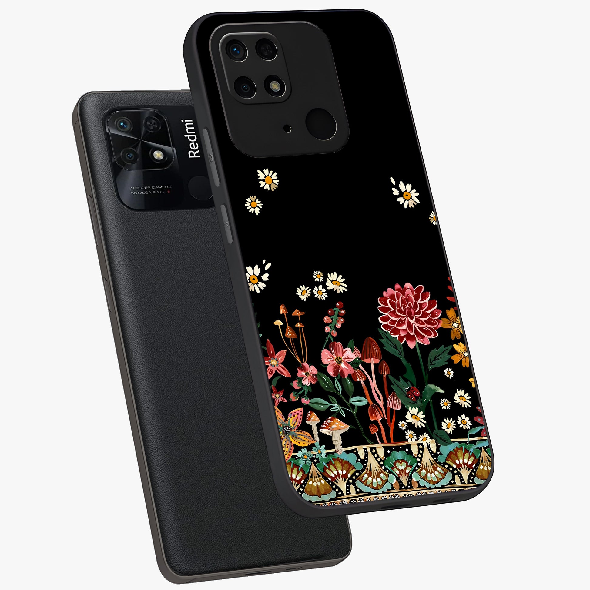 Midnight Bloom Pattern Glass Case displayed in angled mockup highlighting elegant flower design with midnight aesthetic style.