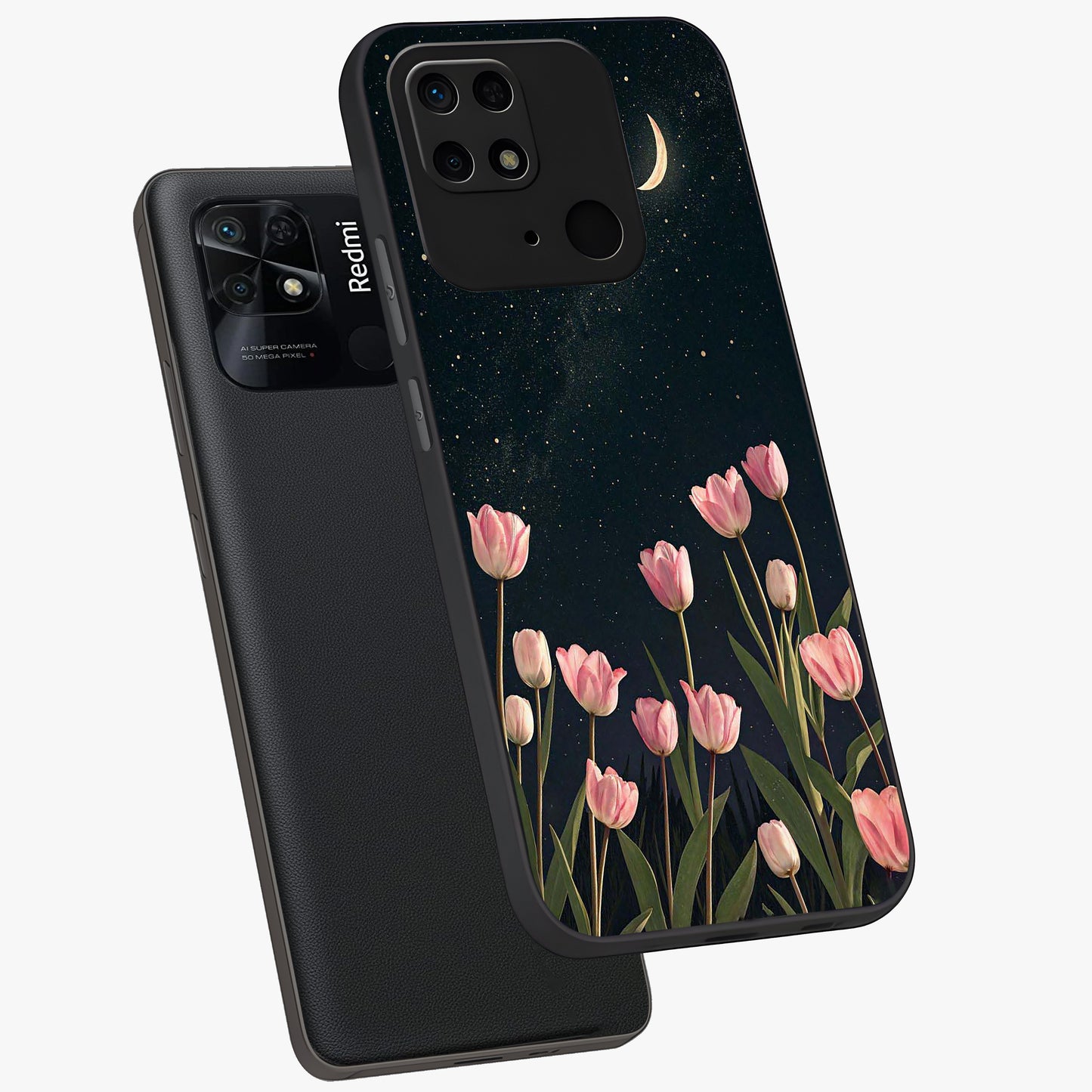 Midnight Tulip Whispers Vibe Glass Case displayed in angled mockup highlighting delicate tulip design with midnight floral aesthetic.