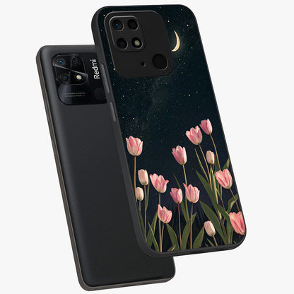 Midnight Tulip Whispers Vibe Glass Case displayed in angled mockup highlighting delicate tulip design with midnight floral aesthetic.