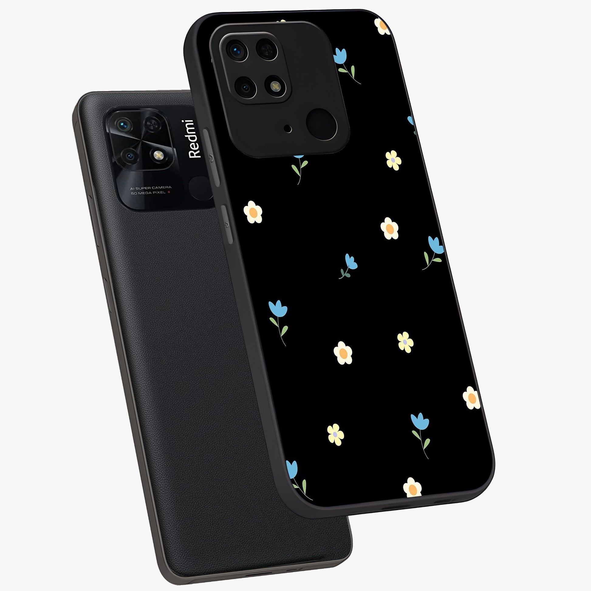 Minimal Petal Whispers Glass Case displayed in angled mockup highlighting delicate petal design with clean minimal aesthetic.