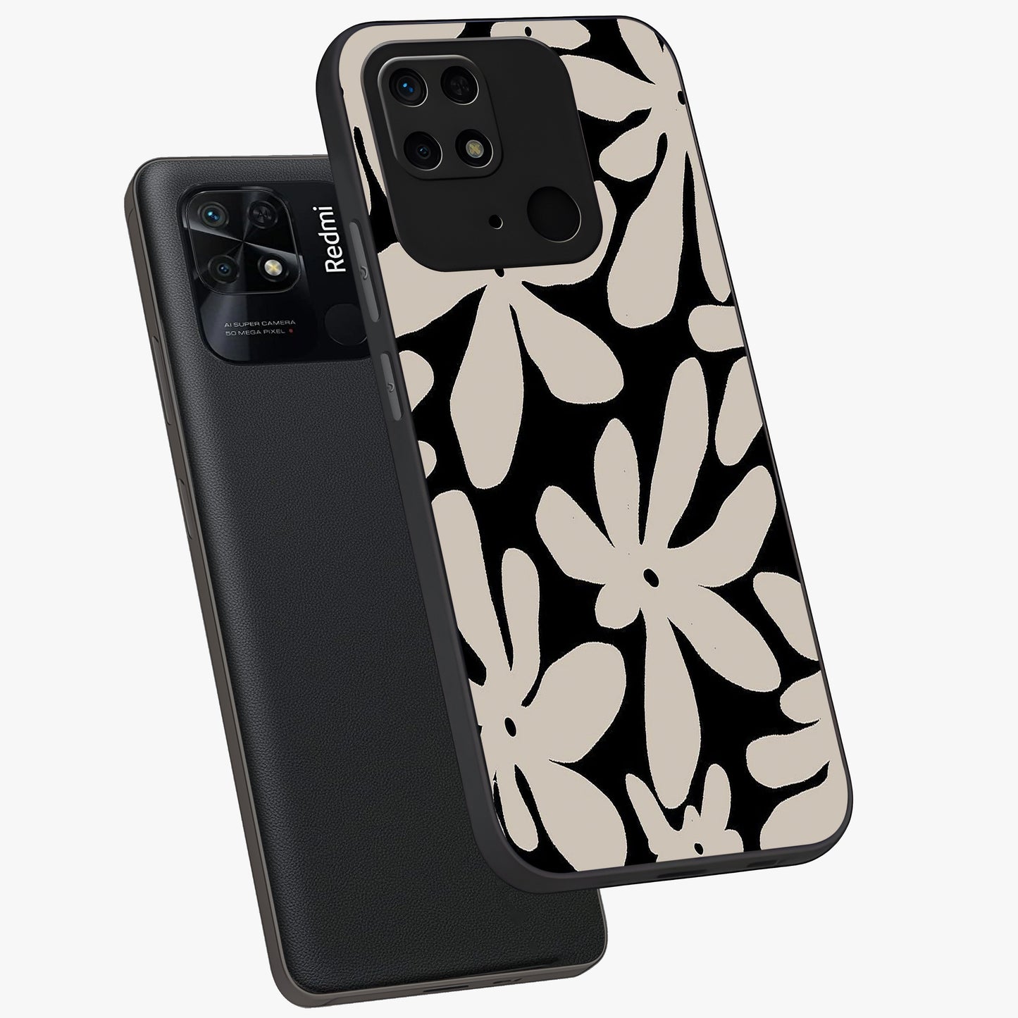 Monochrome Petal Dance Glass Case displayed in angled mockup highlighting elegant petal design with black and white aesthetic.