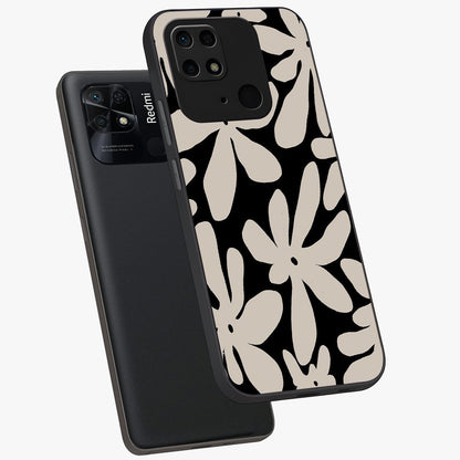 Monochrome Petal Dance Glass Case displayed in angled mockup highlighting elegant petal design with black and white aesthetic.