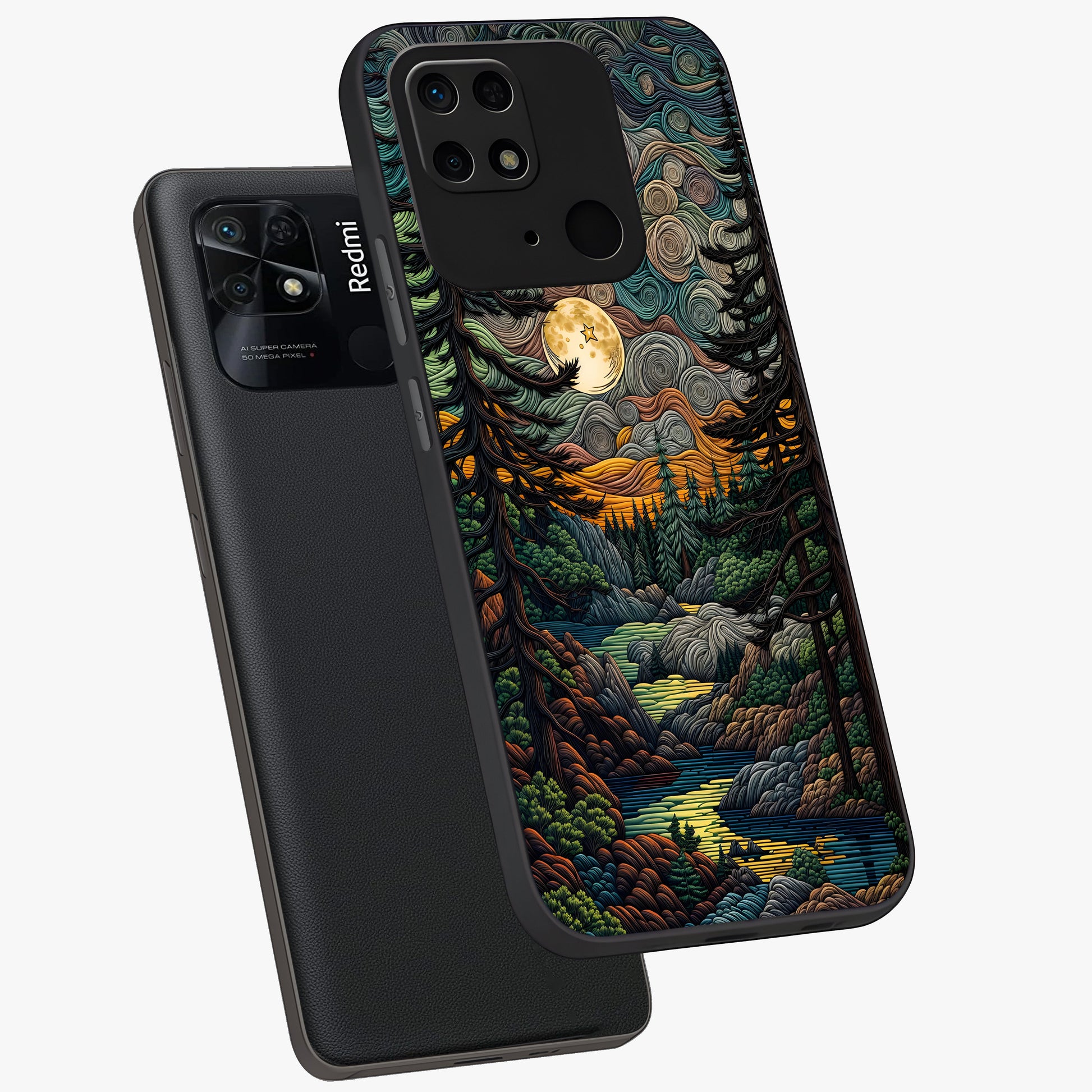 Moonlight Forest Dream Glass Case displayed in angled mockup highlighting dreamy forest design with glowing moon aesthetic.