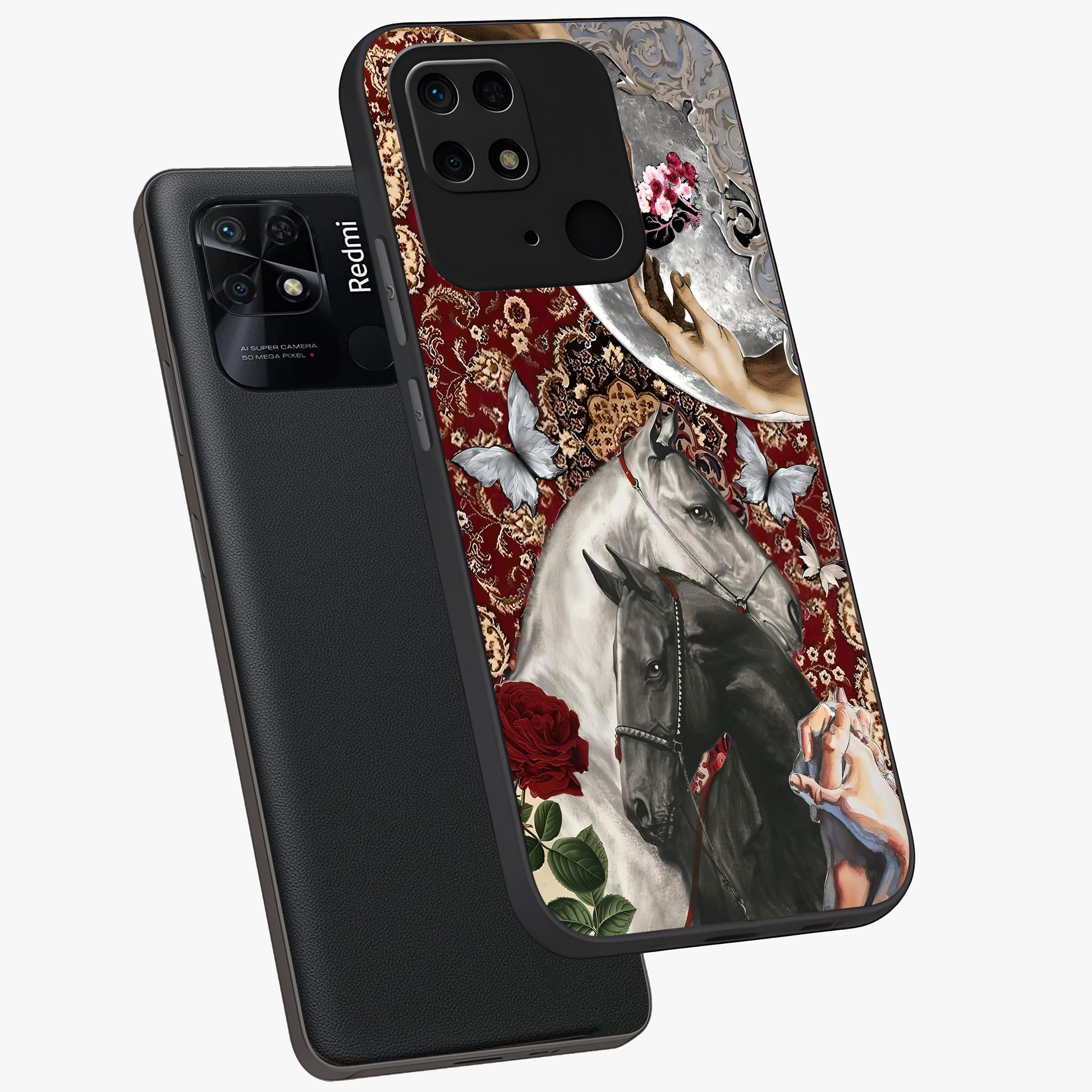Moonlit Royal Stallion Glass Case displayed in angled mockup highlighting powerful stallion illustration with royal night aesthetic.