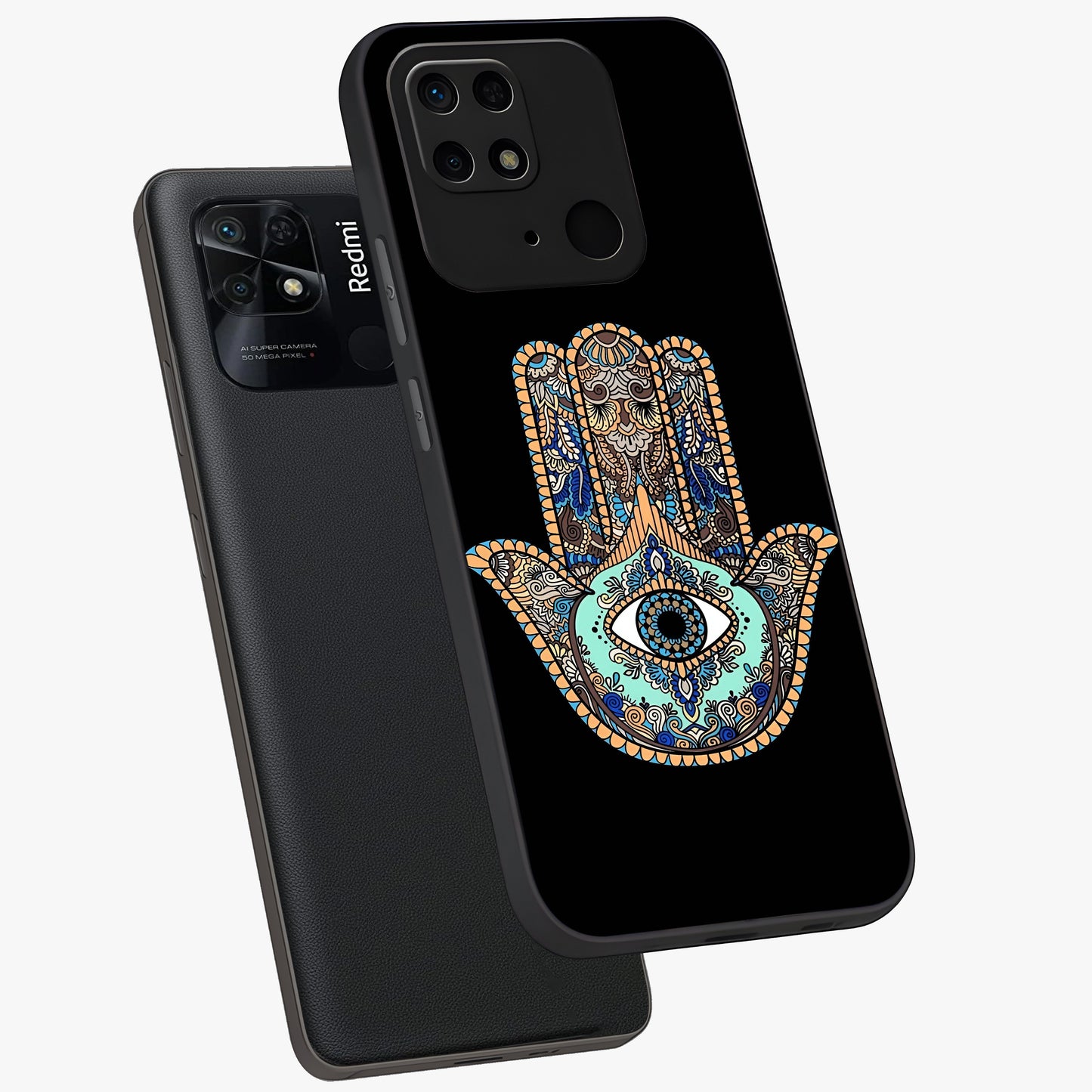 Mystic Hamsa Eye Glass Case displayed in angled mockup highlighting spiritual hamsa symbol with mystical aesthetic style.