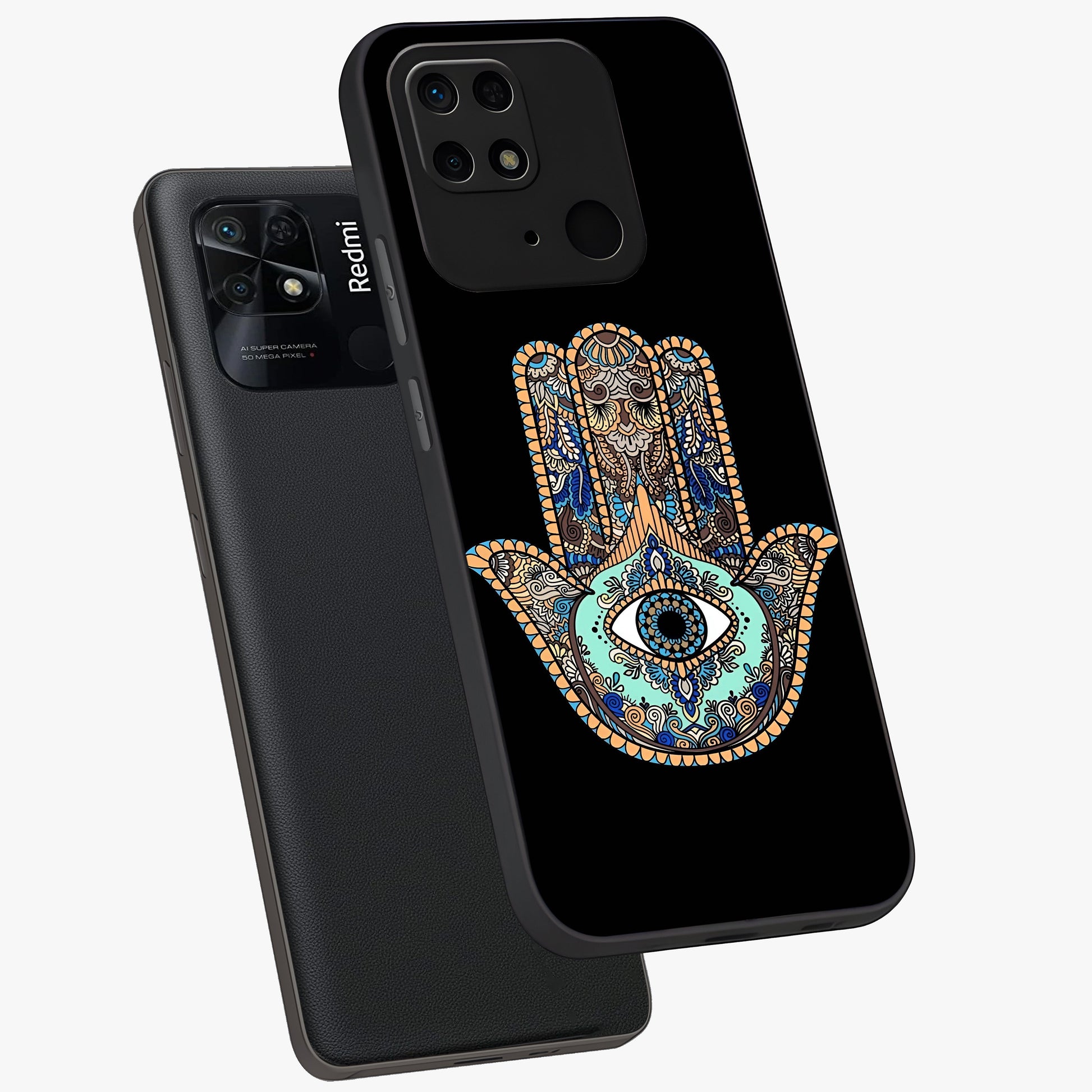 Mystic Hamsa Eye Glass Case displayed in angled mockup highlighting spiritual hamsa symbol with mystical aesthetic style.