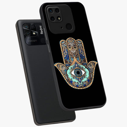 Mystic Hamsa Eye Glass Case displayed in angled mockup highlighting spiritual hamsa symbol with mystical aesthetic style.