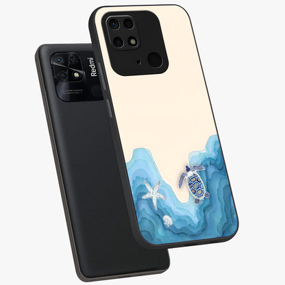 Ocean Drift Turtle Glass Case displayed in angled mockup highlighting peaceful ocean turtle illustration with marine aesthetic.
