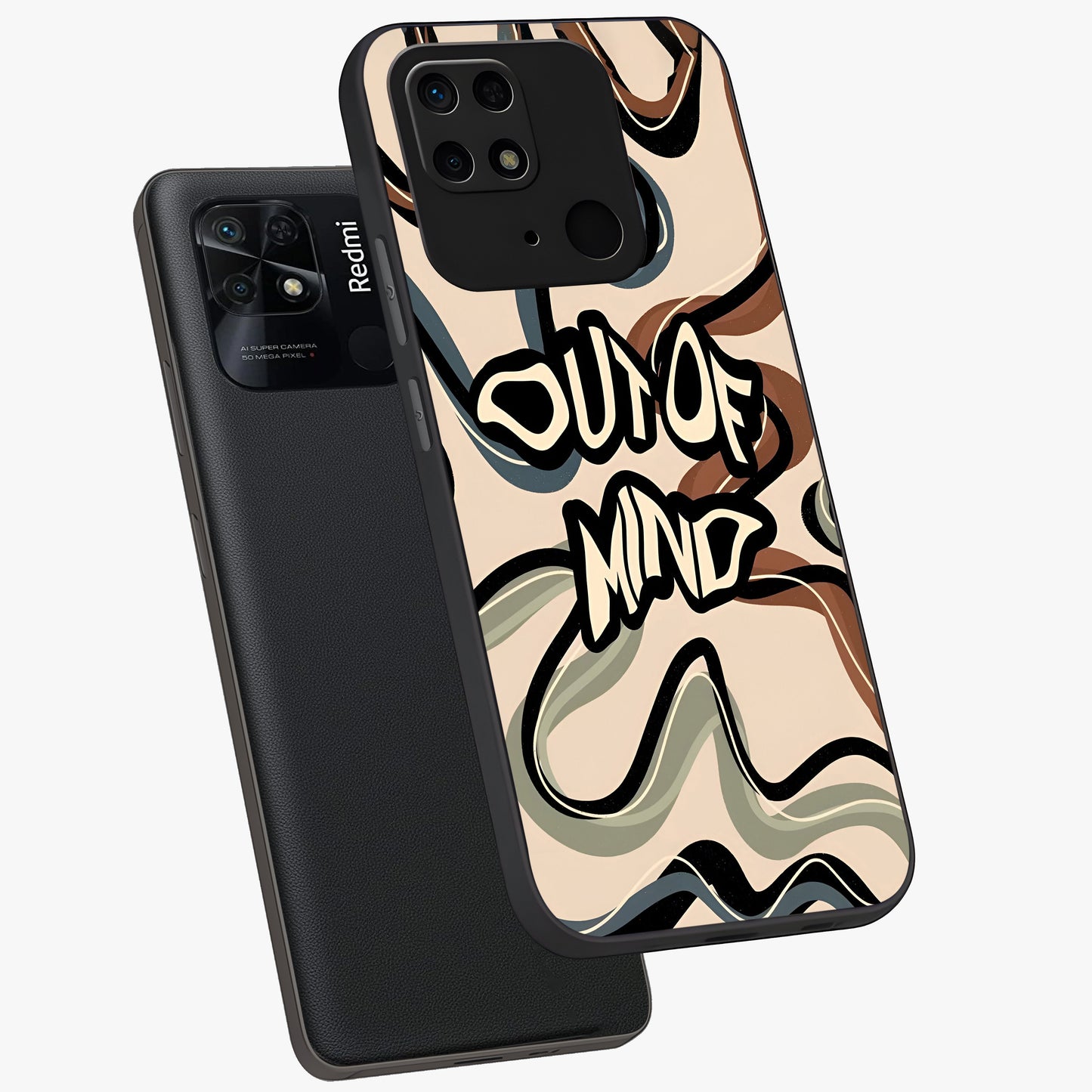 Out Of Mind Glass Case displayed in angled mockup highlighting bold statement design with modern artistic aesthetic.