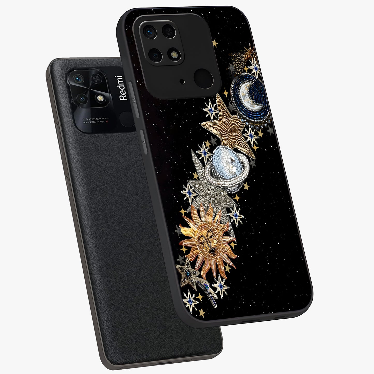 Pearls Universe Object Glass Case displayed in angled mockup highlighting celestial pearl design with dreamy aesthetic.