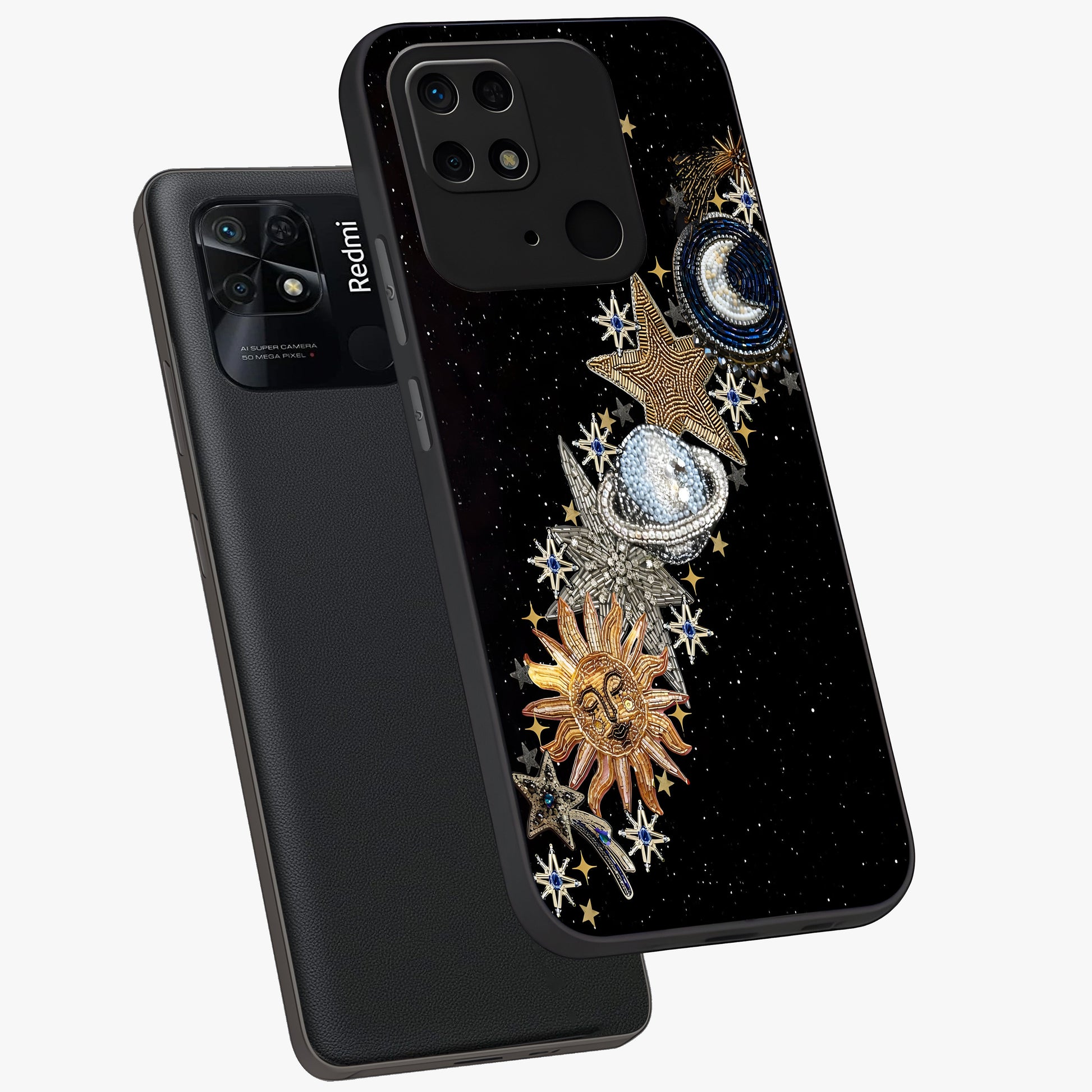 Pearls Universe Object Glass Case displayed in angled mockup highlighting celestial pearl design with dreamy aesthetic.