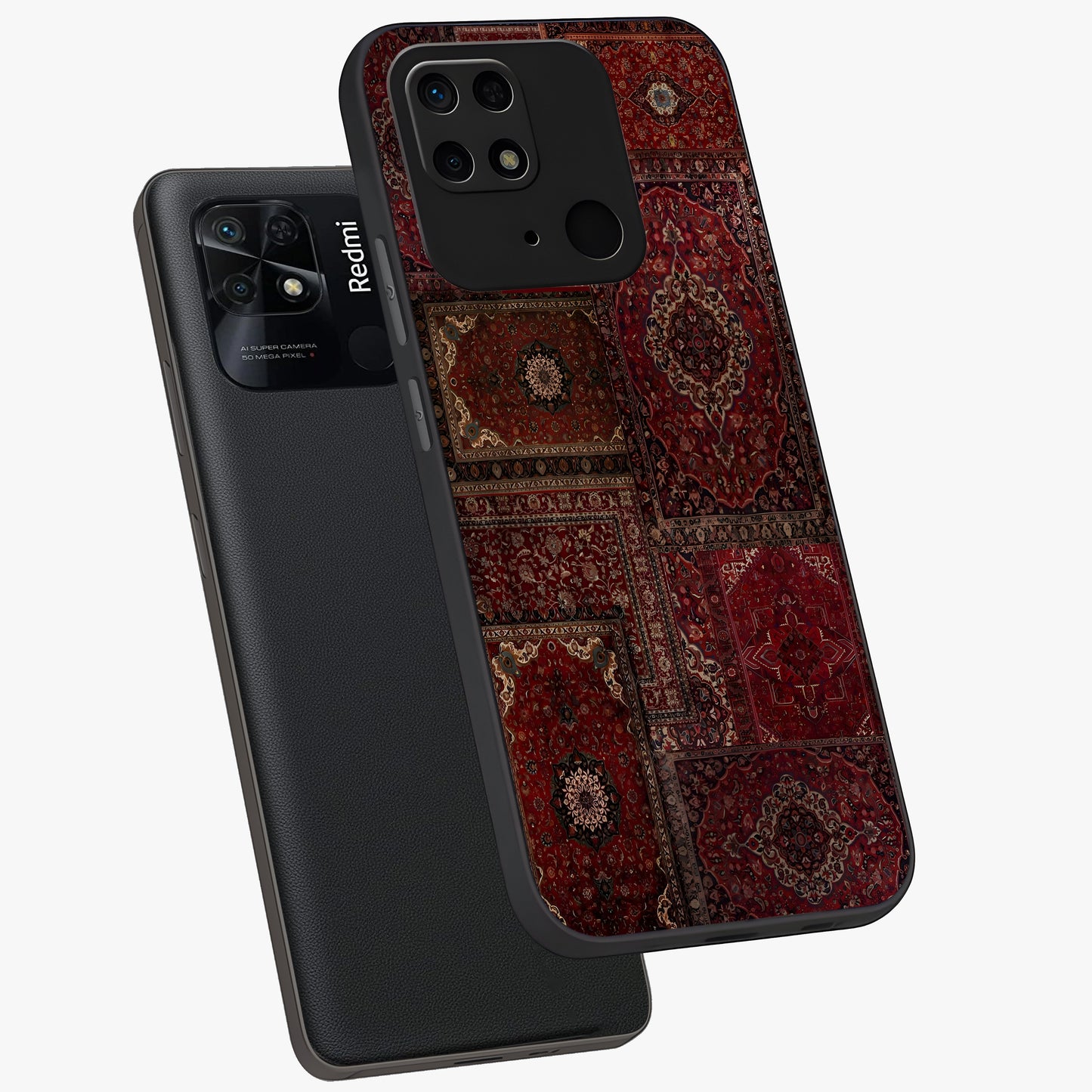 Persian Velvet Tale Glass Case displayed in angled mockup highlighting ornate textile inspired design with royal aesthetic.