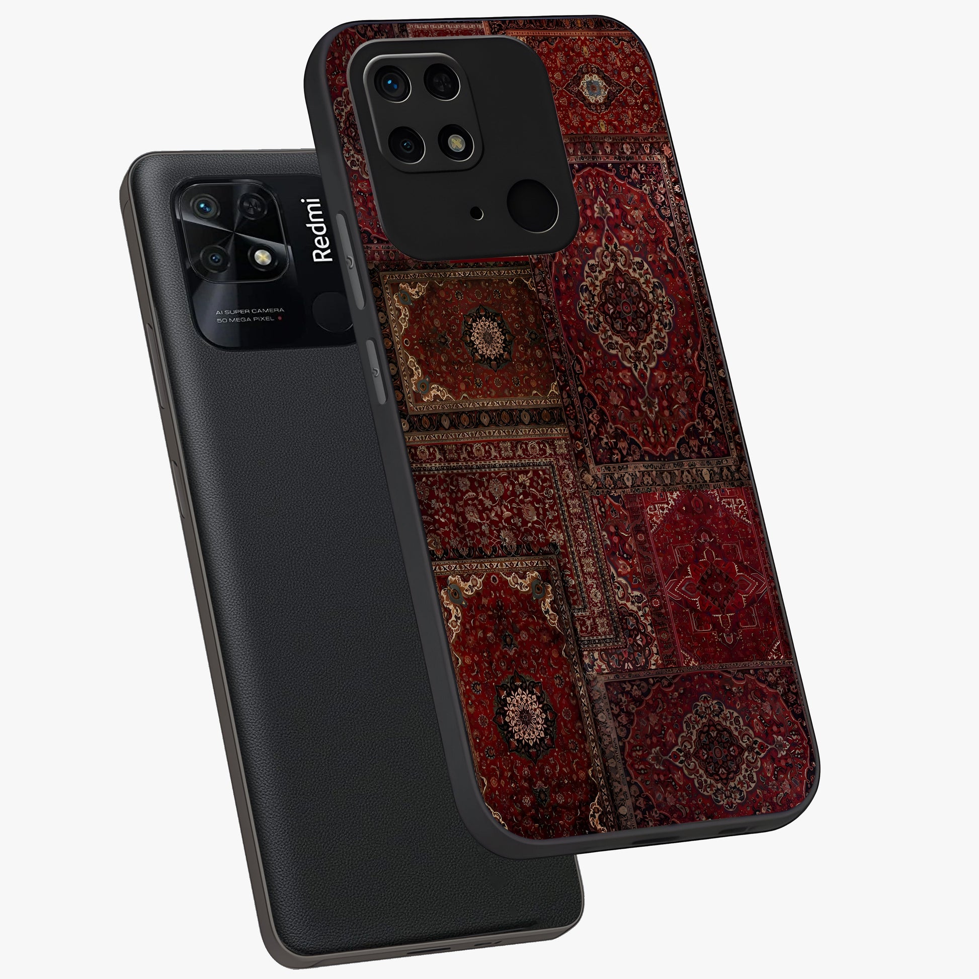 Persian Velvet Tale Glass Case displayed in angled mockup highlighting ornate textile inspired design with royal aesthetic.