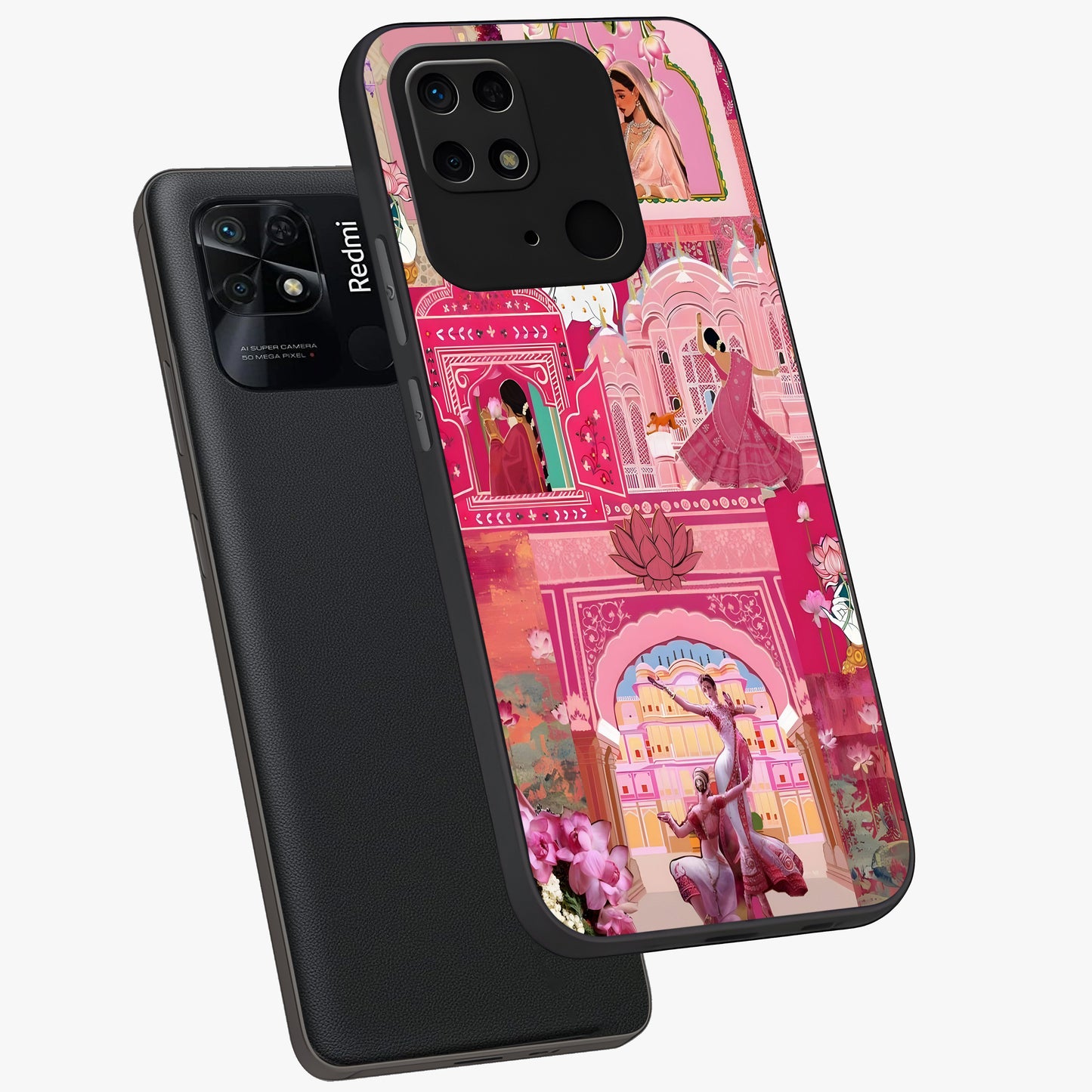Pink Palace Muse Glass Case displayed in angled mockup highlighting dreamy palace illustration with soft pink aesthetic.