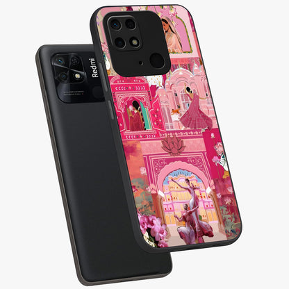 Pink Palace Muse Glass Case displayed in angled mockup highlighting dreamy palace illustration with soft pink aesthetic.
