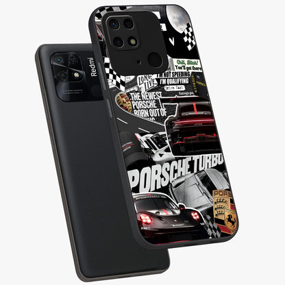 Porsche Racing Collage Glass Case displayed in angled mockup highlighting dynamic automotive design with bold racing aesthetic.