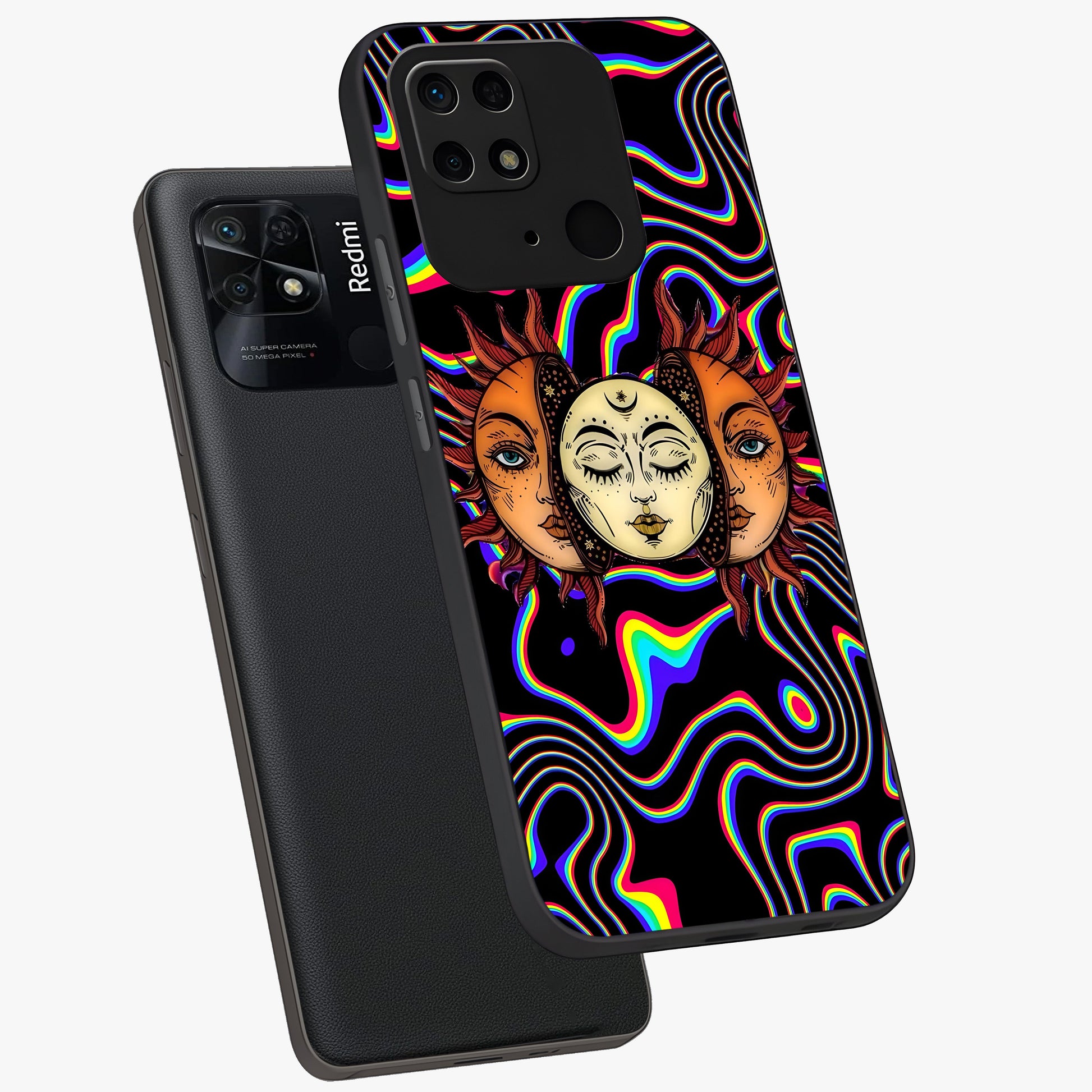 Psychedelic Sun Glass Case displayed in angled mockup highlighting vibrant abstract sun design with artistic aesthetic style.