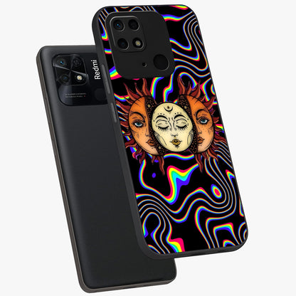Psychedelic Sun Glass Case displayed in angled mockup highlighting vibrant abstract sun design with artistic aesthetic style.