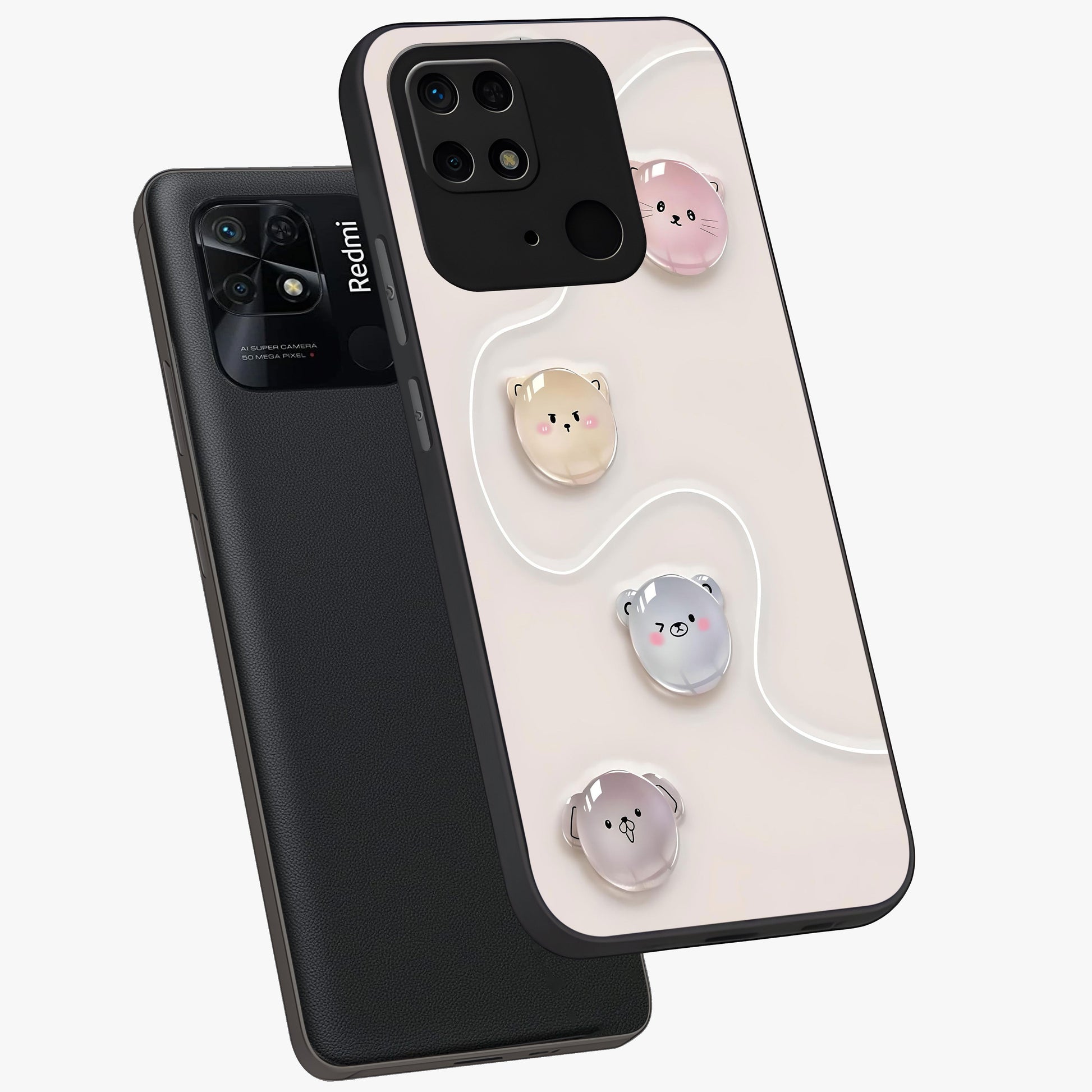 Puffy Face Parade Glass Case displayed in angled mockup highlighting playful cartoon face design with fun aesthetic.