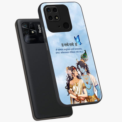 Radha Krishna Eternal Glass Case displayed in angled mockup highlighting divine Radha Krishna illustration with spiritual aesthetic.
