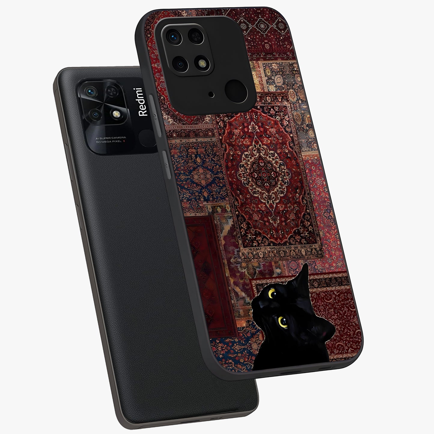Regal Magic Cat Apple Glass Case displayed in angled mockup highlighting whimsical feline design with fantasy aesthetic.