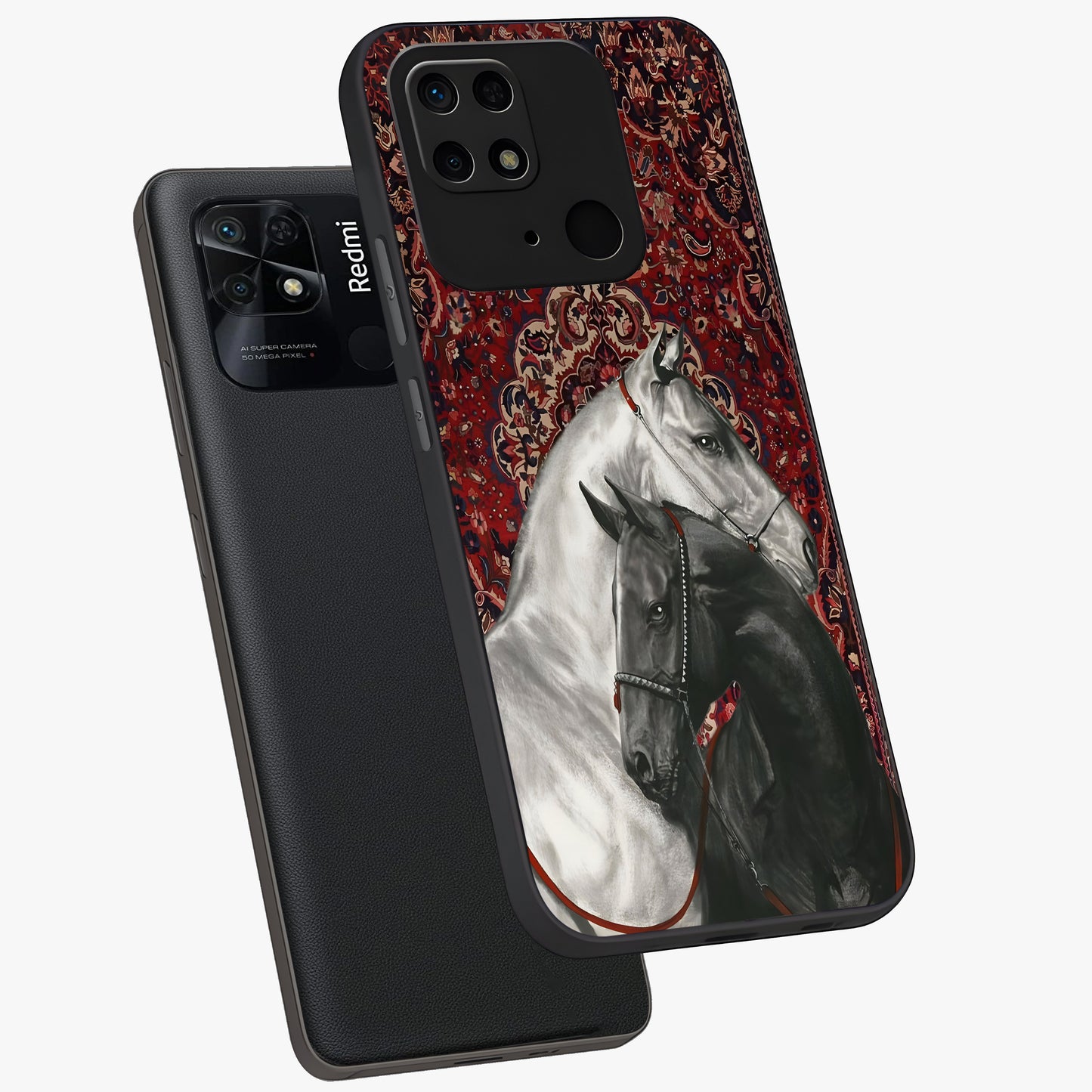 Regal Stallion Tapestry Glass Case displayed in angled mockup highlighting royal stallion design with decorative heritage aesthetic.