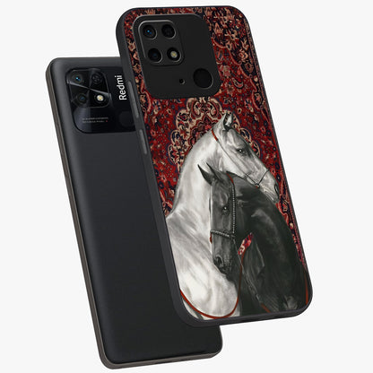 Regal Stallion Tapestry Glass Case displayed in angled mockup highlighting royal stallion design with decorative heritage aesthetic.