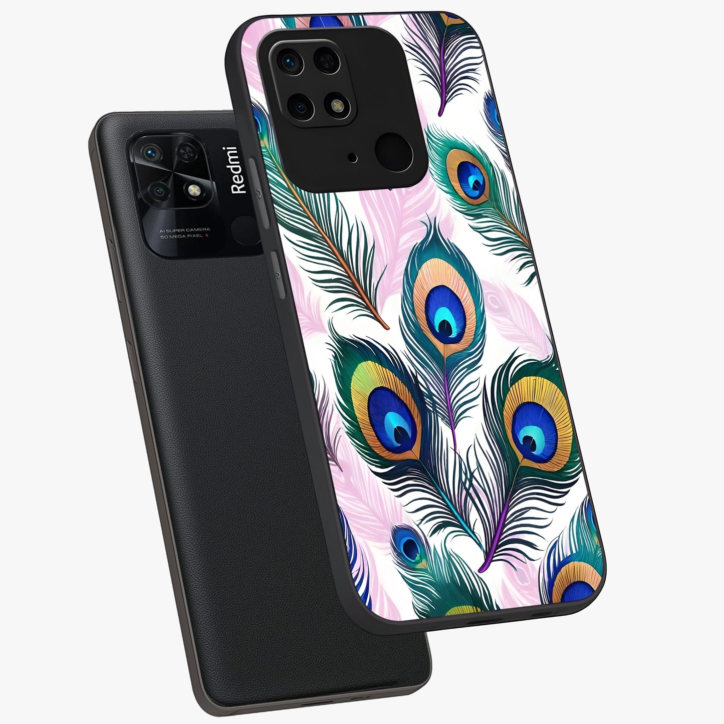 Royal Peacock Feathers Glass Case displayed in angled mockup highlighting vibrant feather pattern with regal aesthetic style.