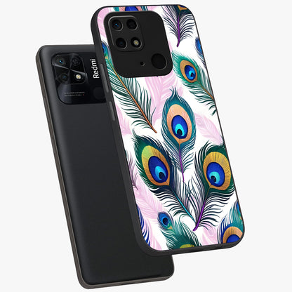 Royal Peacock Feathers Glass Case displayed in angled mockup highlighting vibrant feather pattern with regal aesthetic style.