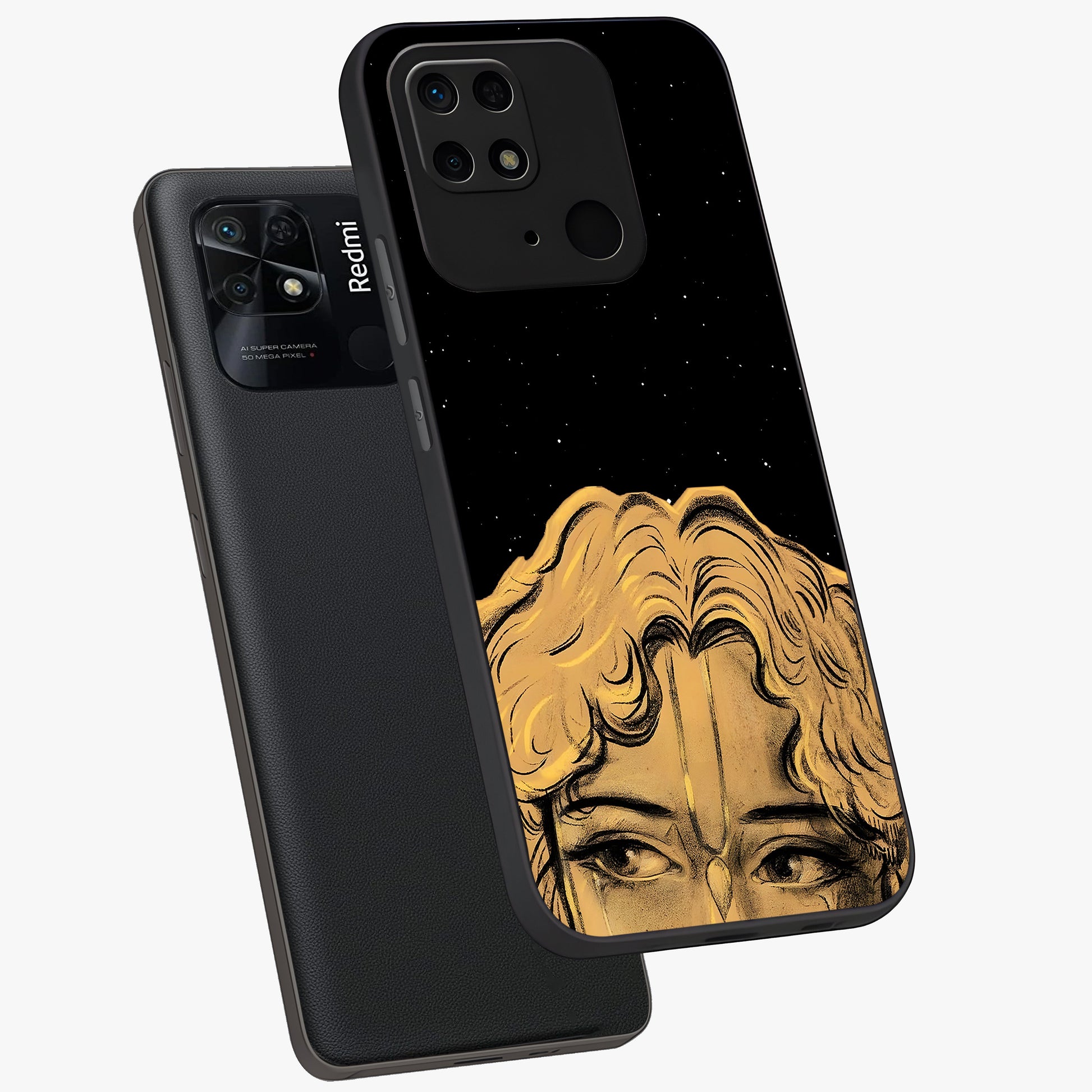 Shri Krishna Art Glass Case displayed in angled mockup highlighting spiritual Krishna illustration with divine aesthetic.