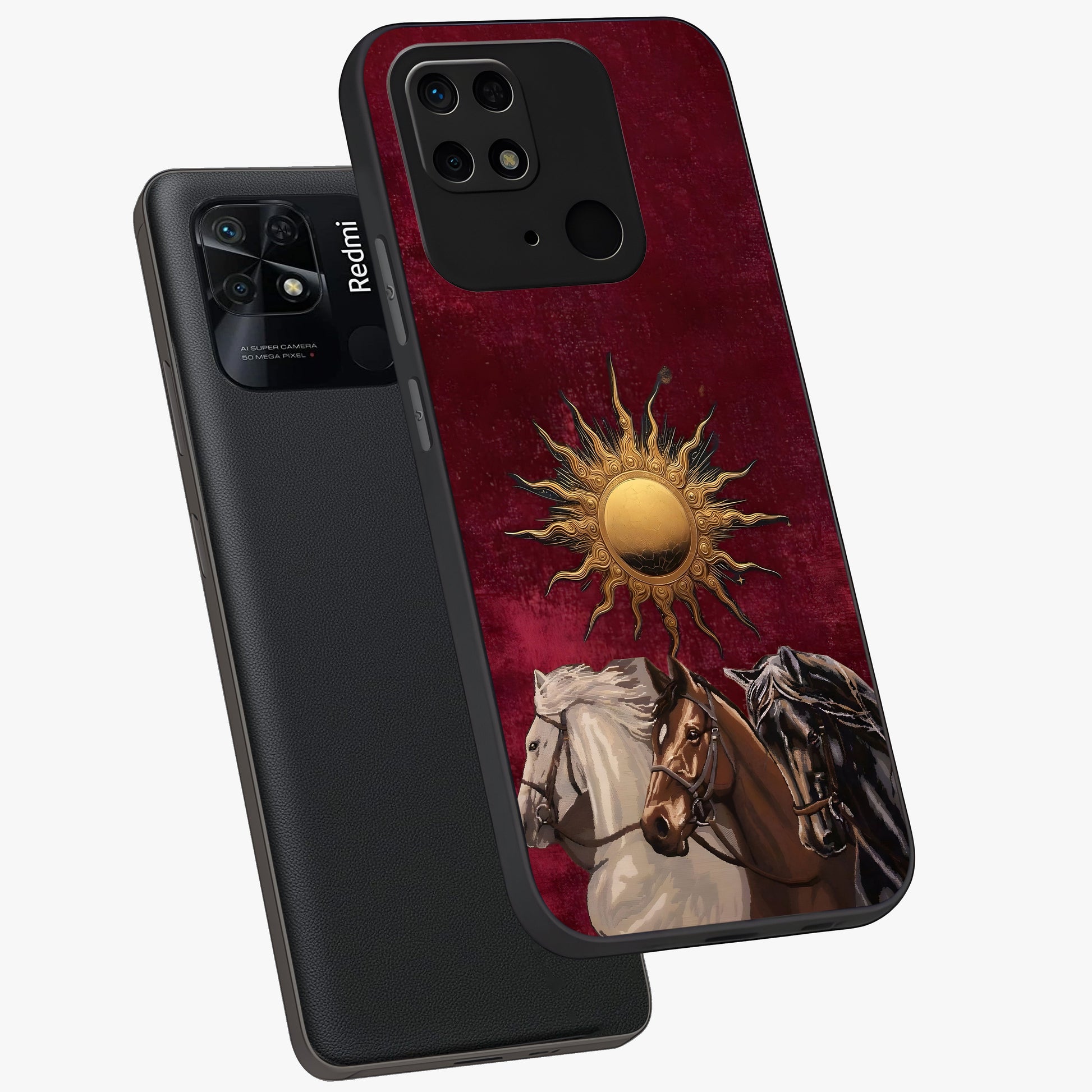 Solar Riders Glass Case displayed in angled mockup highlighting powerful rider illustration with radiant solar aesthetic.