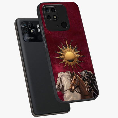 Solar Riders Glass Case displayed in angled mockup highlighting powerful rider illustration with radiant solar aesthetic.