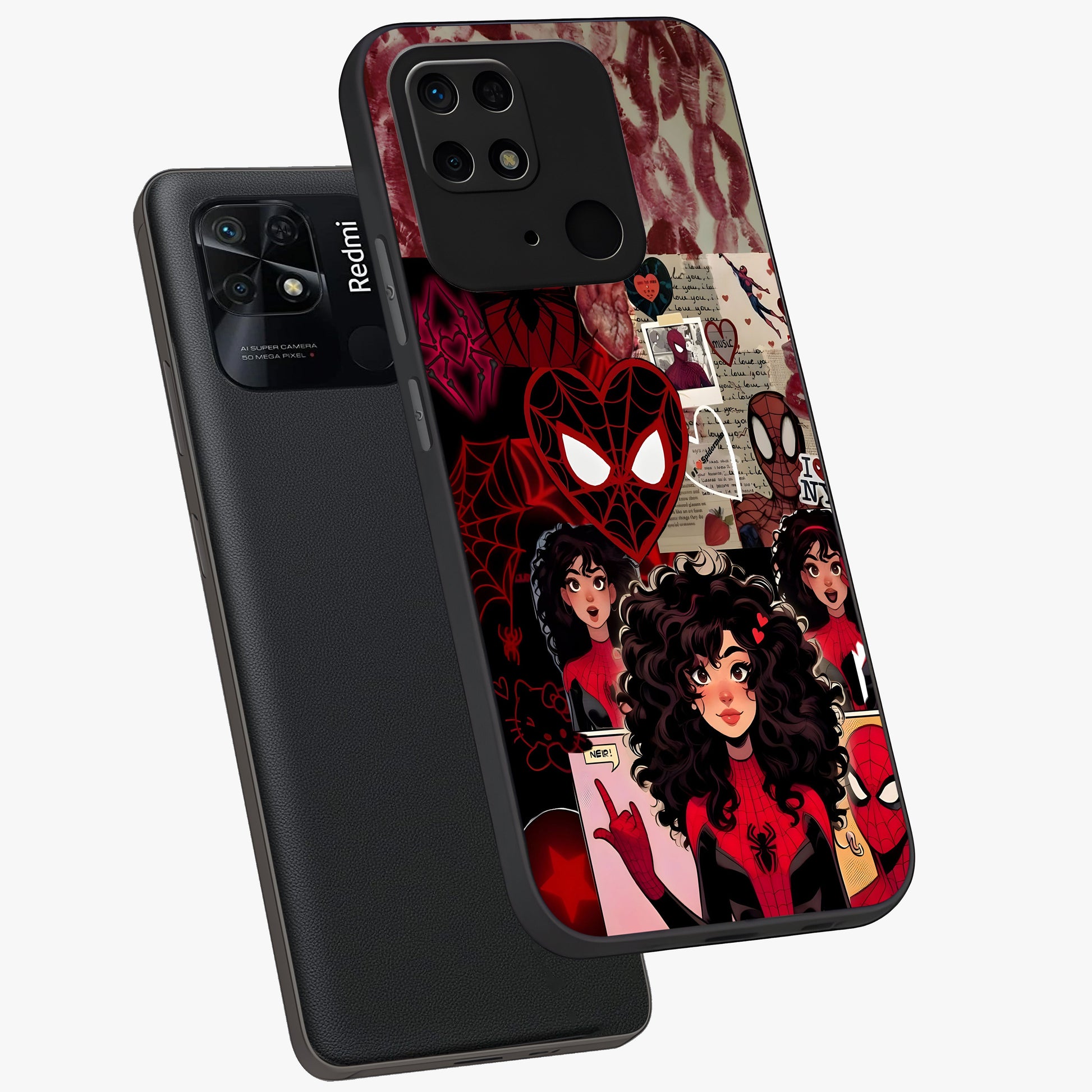 Spider Love Story Glass Case displayed in angled mockup highlighting expressive comic inspired design with playful aesthetic.