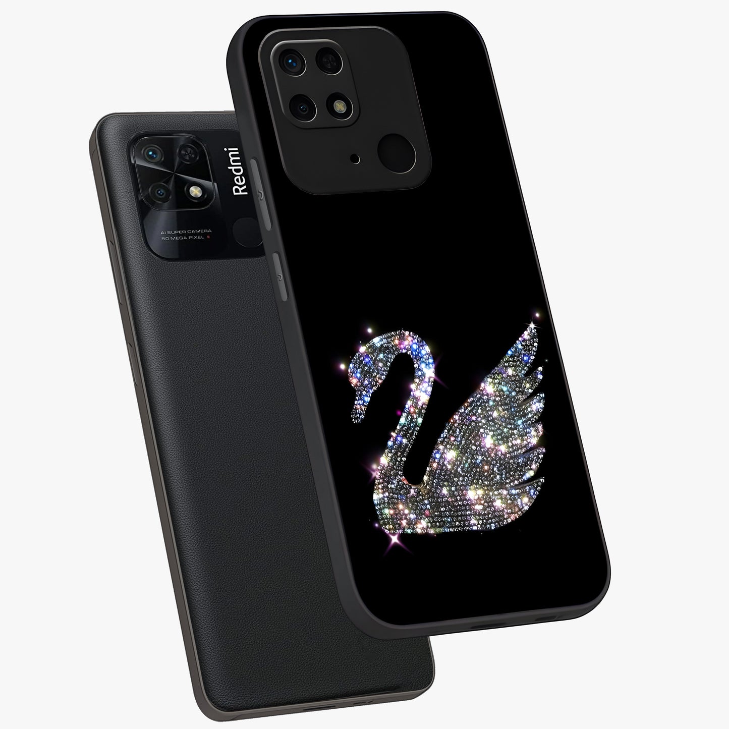Starlit Swan Grace Glass Case displayed in angled mockup highlighting elegant swan illustration with dreamy celestial aesthetic.