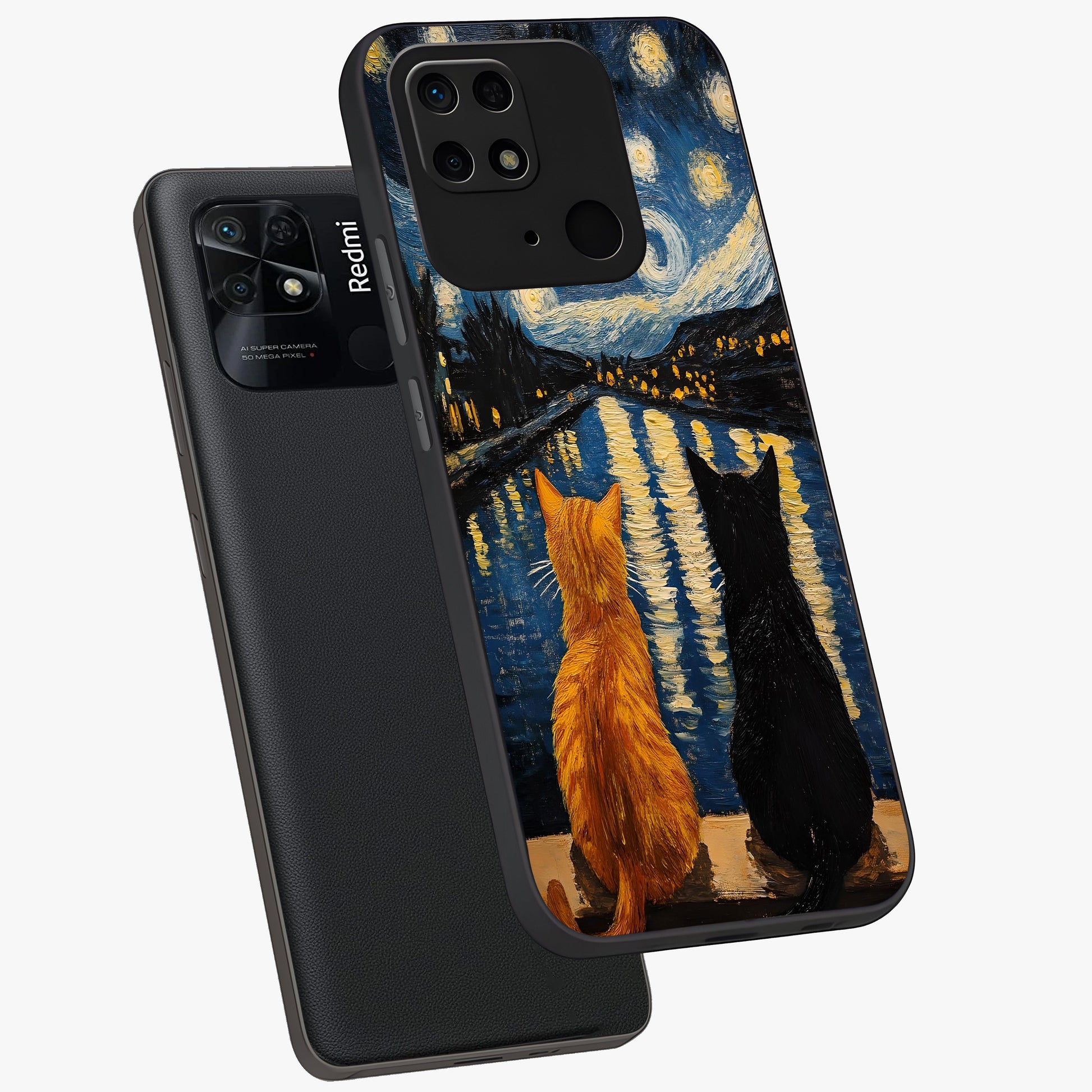 Starry River Cats Glass Case displayed in angled mockup highlighting charming feline illustration with dreamy night aesthetic.